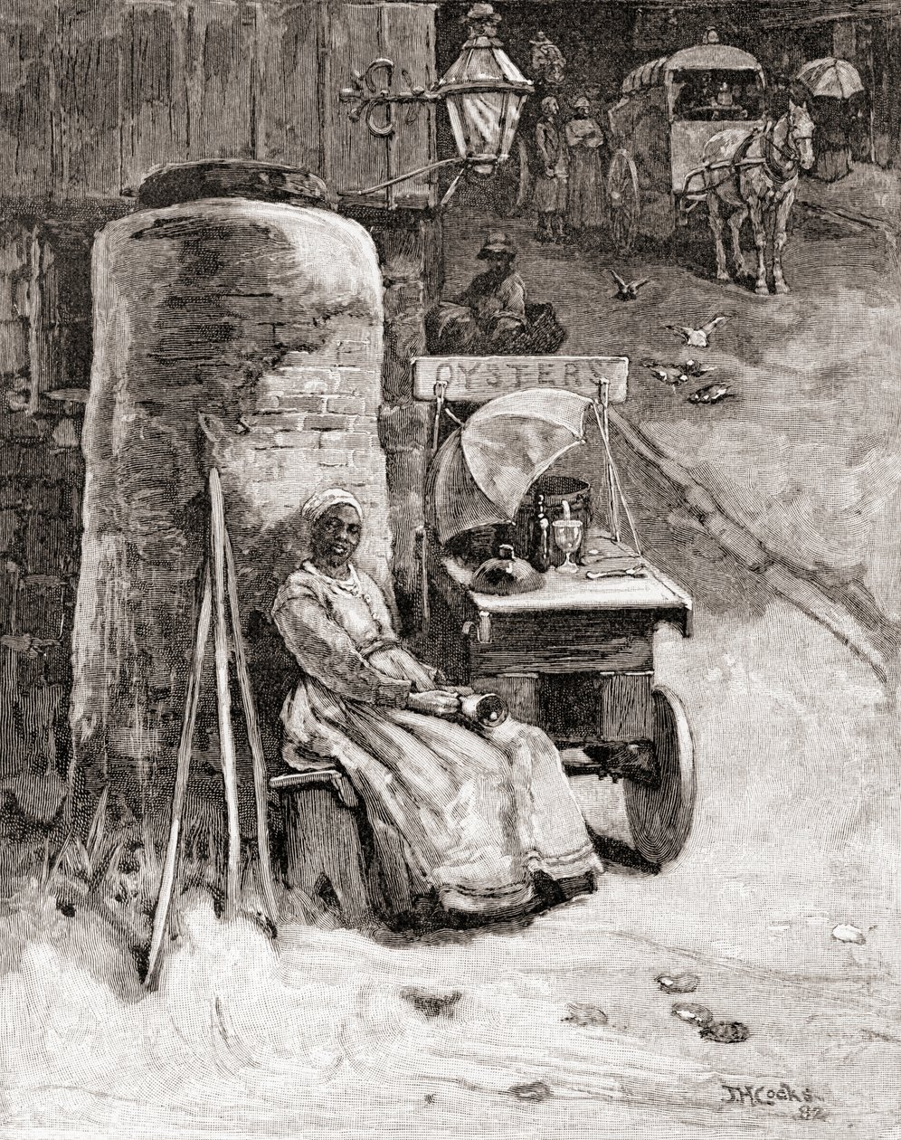 Sprzedawca ostryg z wózkiem w pobliżu Washington Navy Yard, Waszyngton D.C., w XIX wieku, z "The Century Illustrated Monthly Magazine", opublikowanego w 1884 r. (rycina) autorstwa American School