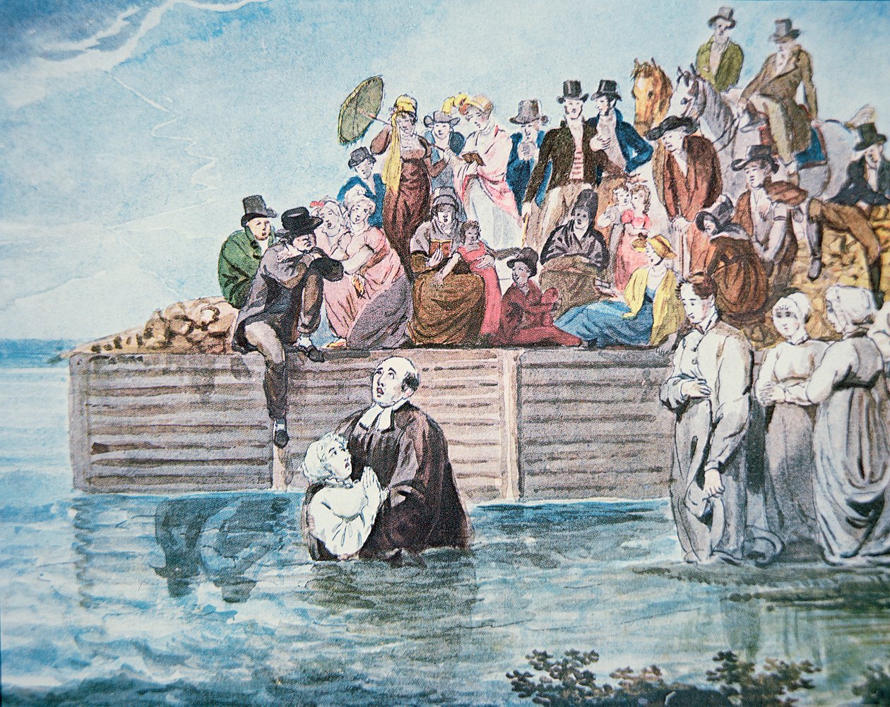 Anabaptyści z Filadelfii są świadkami pełnego zanurzenia w rzece (kolor lito) autorstwa American School