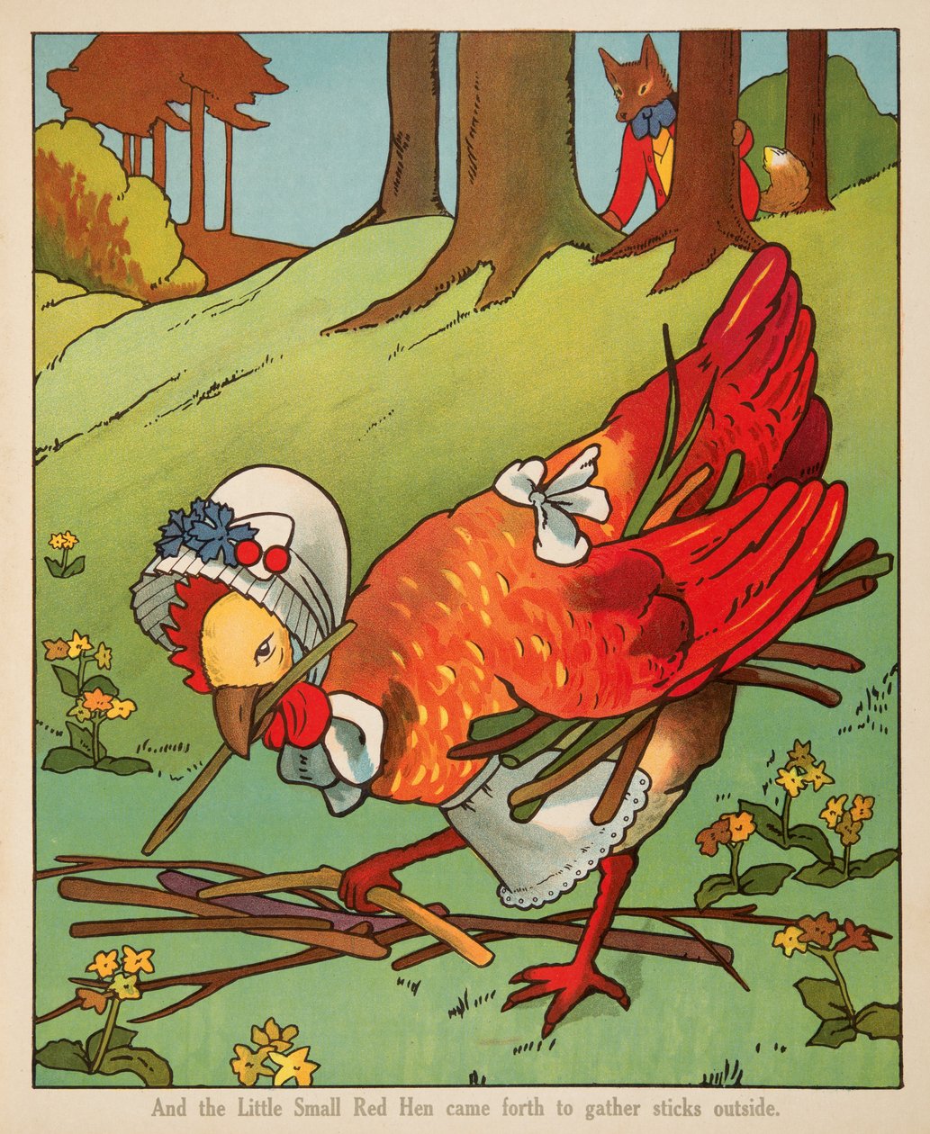 „A Mała Czerwona Kura wyszła, by zbierać patyki na zewnątrz”, z pubu Peter Rabbit Little Red Hen i Owl and Pussy Cat. Charles E Graham & Co. 1900 (chromolitografia) autorstwa American School