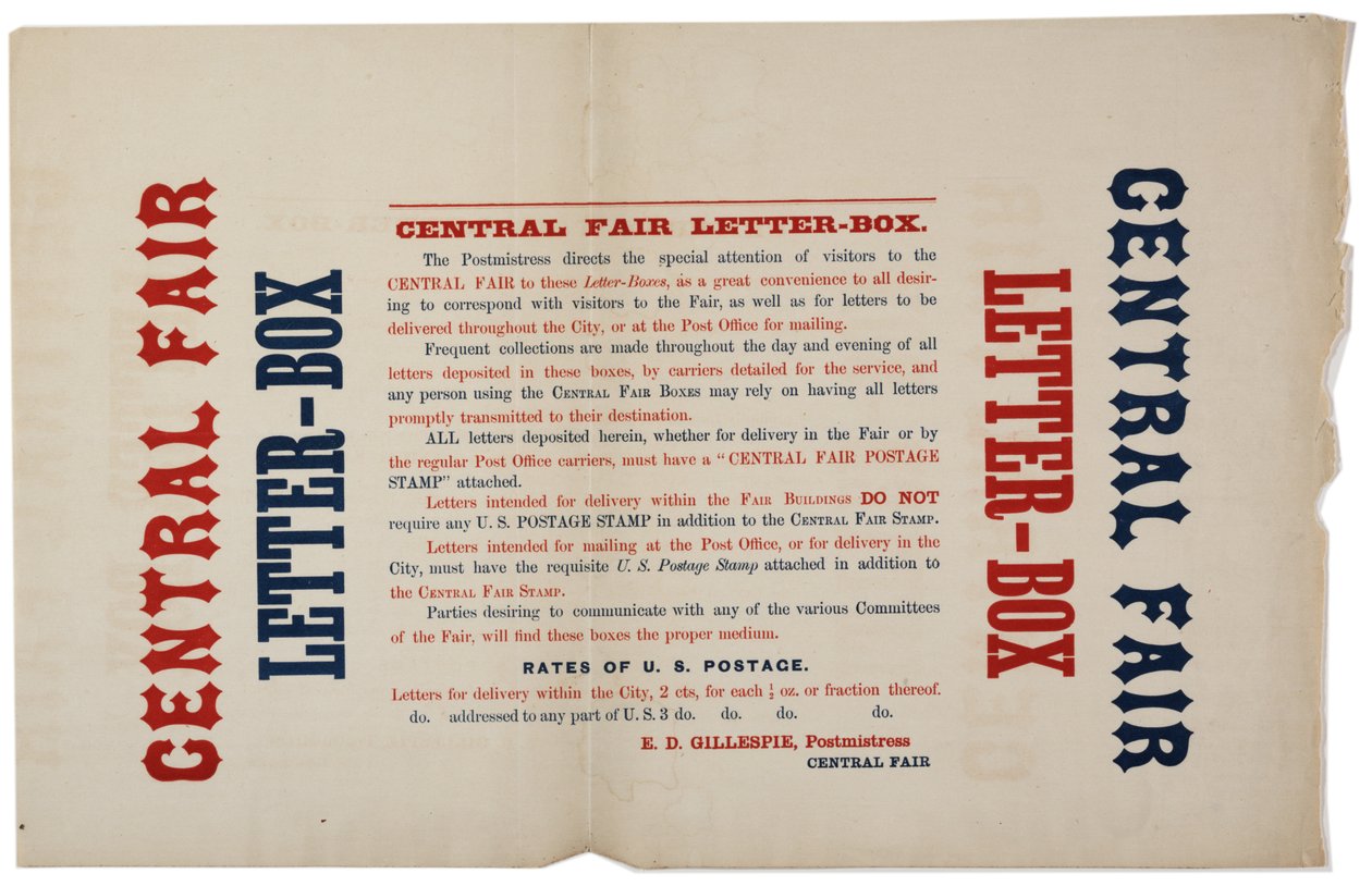 Ogłoszenie na Centralne Skrzynki na listy targowe, ok. 1864 r. autorstwa American School