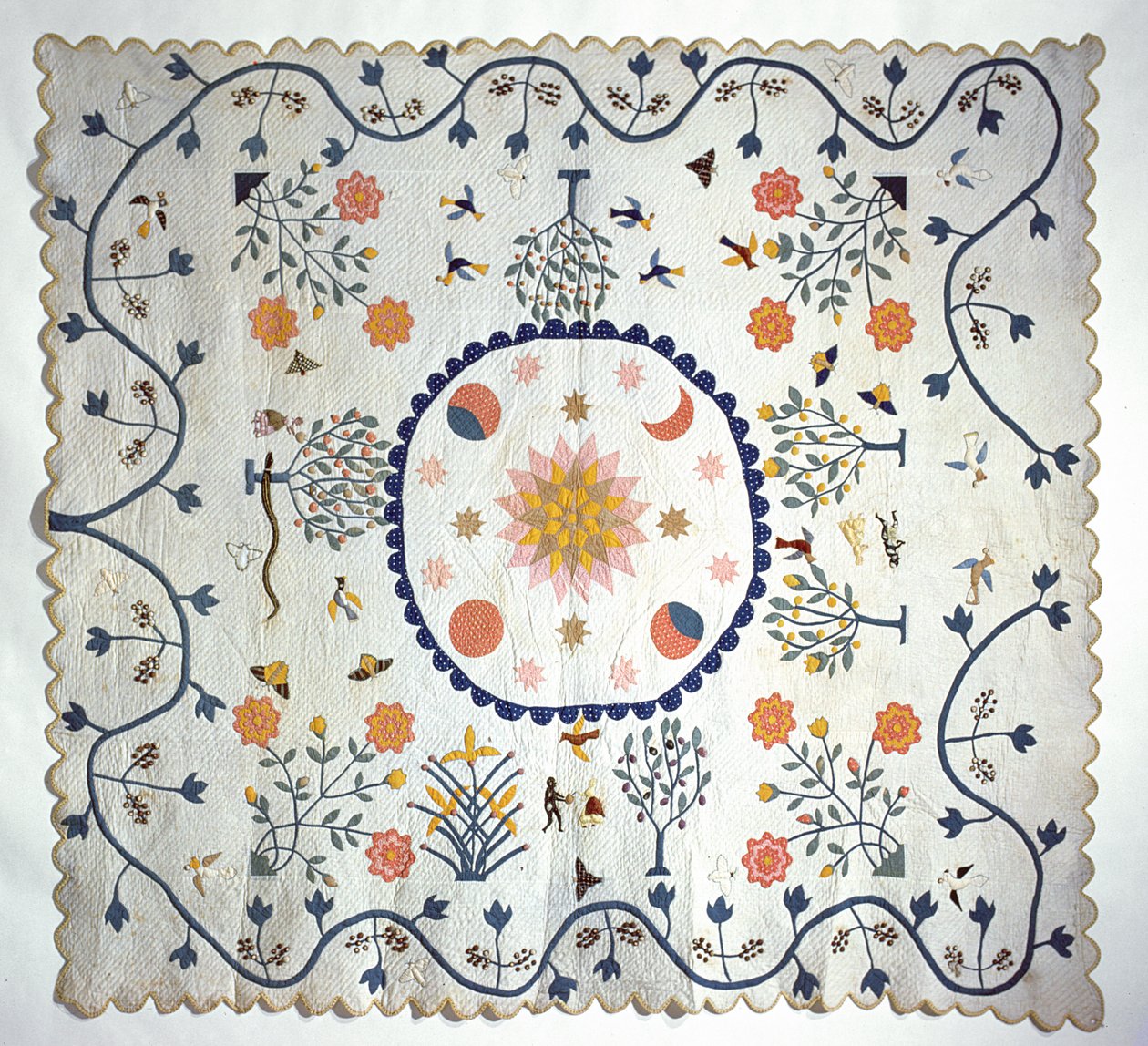 Pikowana aplikacja ze słońcem, księżycem, gwiazdami i ogrodem Eden, z Arkansas, ok. 1850-80 (bawełna) autorstwa American School
