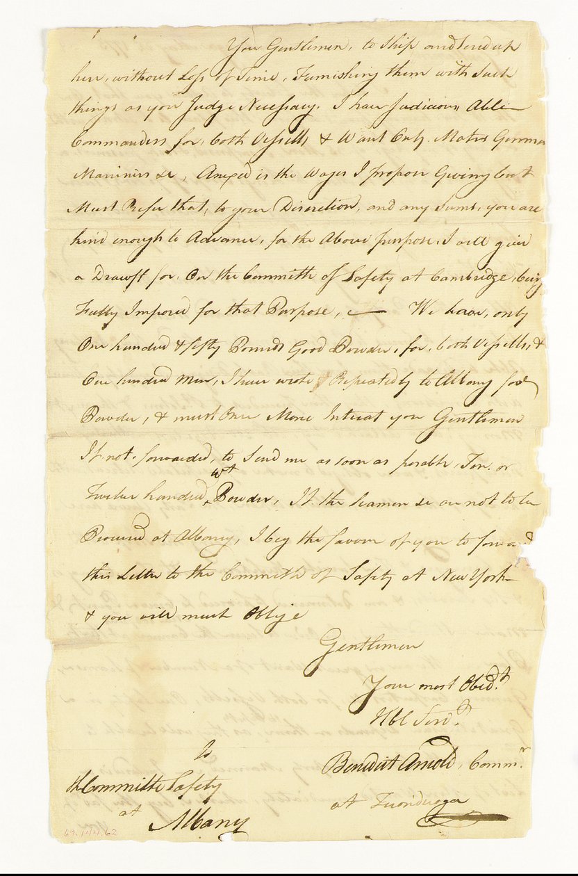 Arnold Benedict (1741-1801) Generał Armii Kontynentalnej, zdrajca. List z autografem („Benedict Arnold Commr. w Ticonderoga”) do Komitetu Bezpieczeństwa w Albany, Ticonderoga, 22 maja 1775 (pióro i tusz na papierze) autorstwa American School