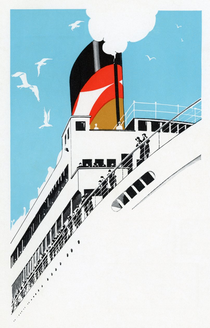 Art Deco 1920s ilustracja statku wycieczkowego z pasażerami autorstwa American School