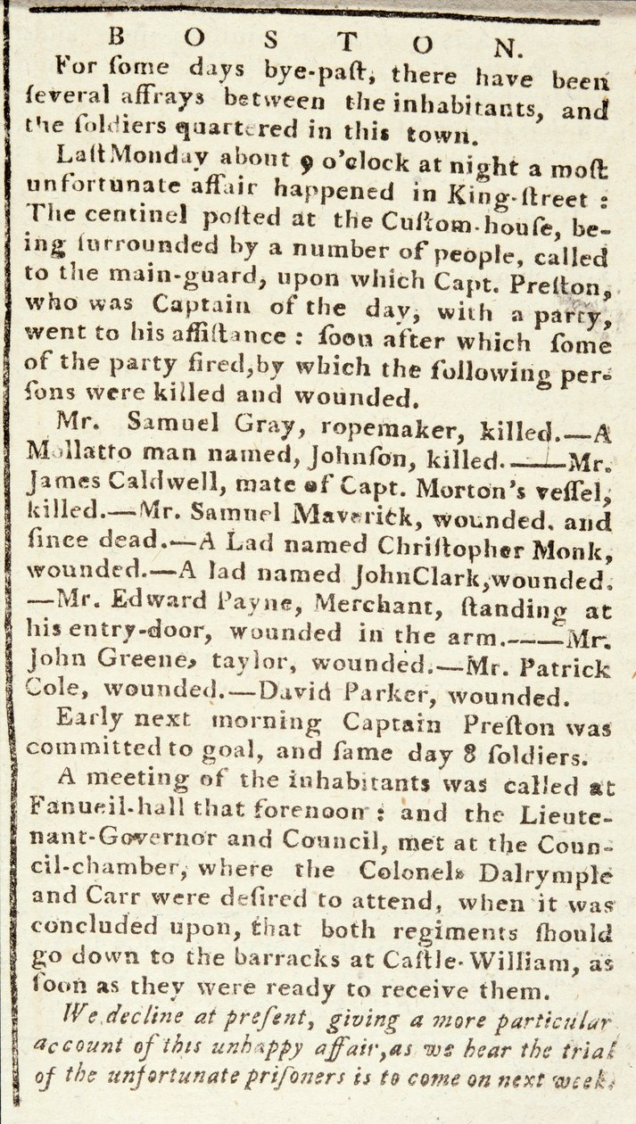 Artykuł z Boston Chronicle szczegółowo opisujący wydarzenia masakry w Bostonie, 5 marca 1770 (druk gazetowy) autorstwa American School