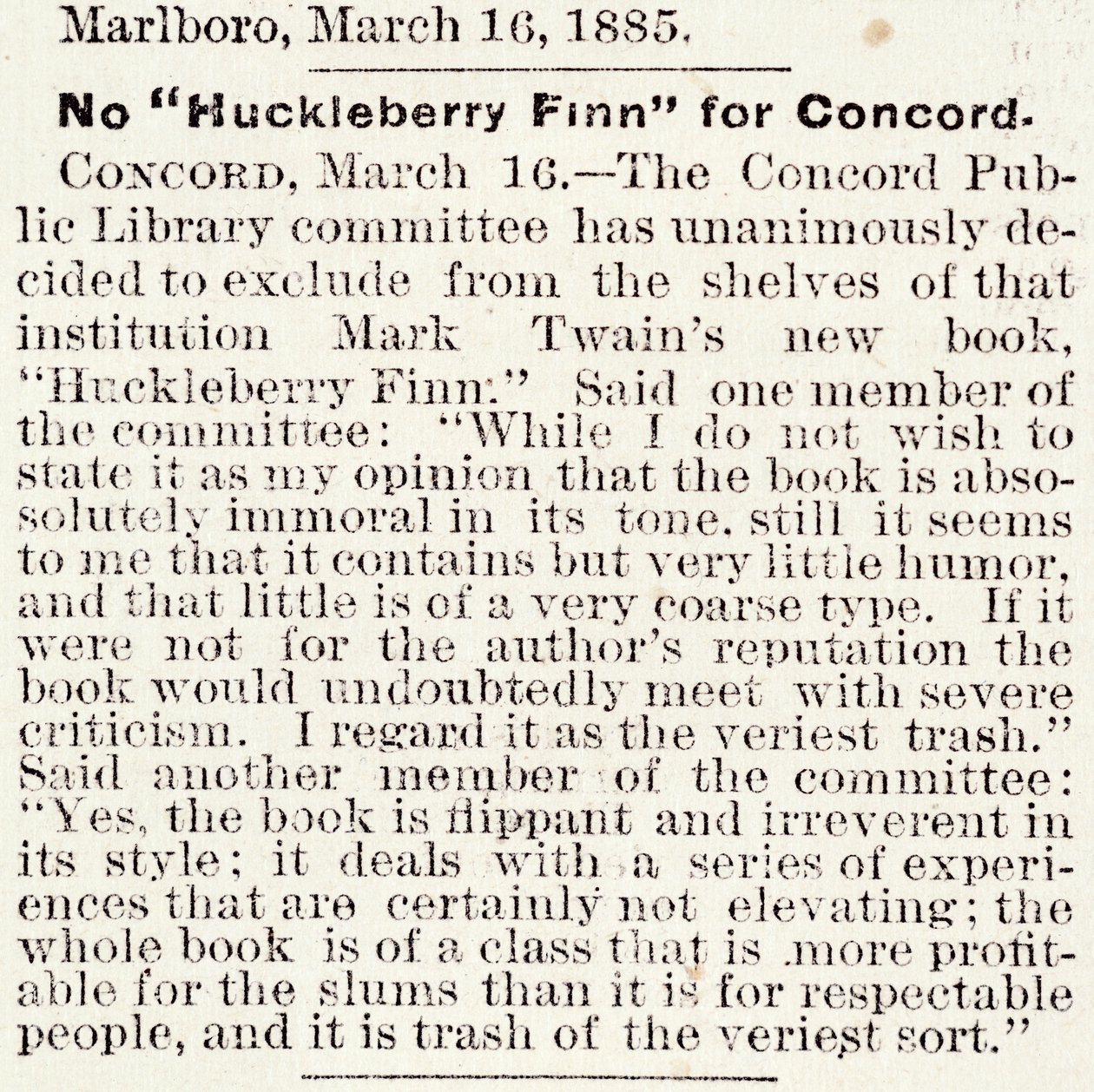 Artykuł w Boston Daily Globe dotyczący delegalizacji Huckleberry Finn w Concord, Massachusetts, z 16 marca 1885 (druk gazetowy) autorstwa American School