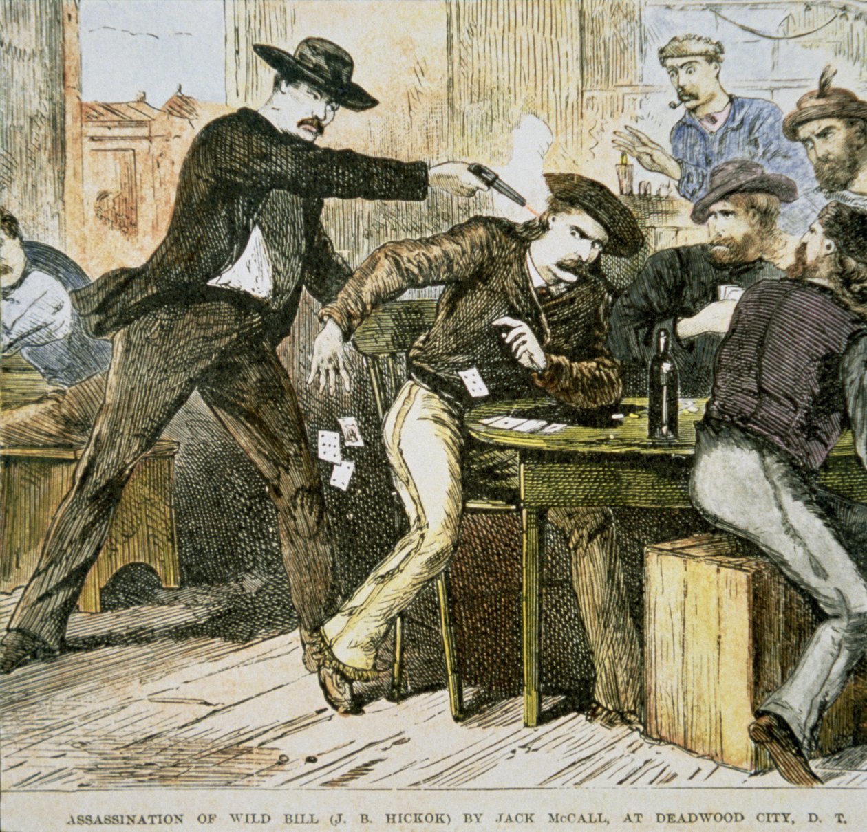Zabójstwo „Wild Billa” (WB Hickok) przez Jacka McCalla w Deadwood South, Terytorium Dakoty, 2 sierpnia 1876 (litografia kolorowa) autorstwa American School