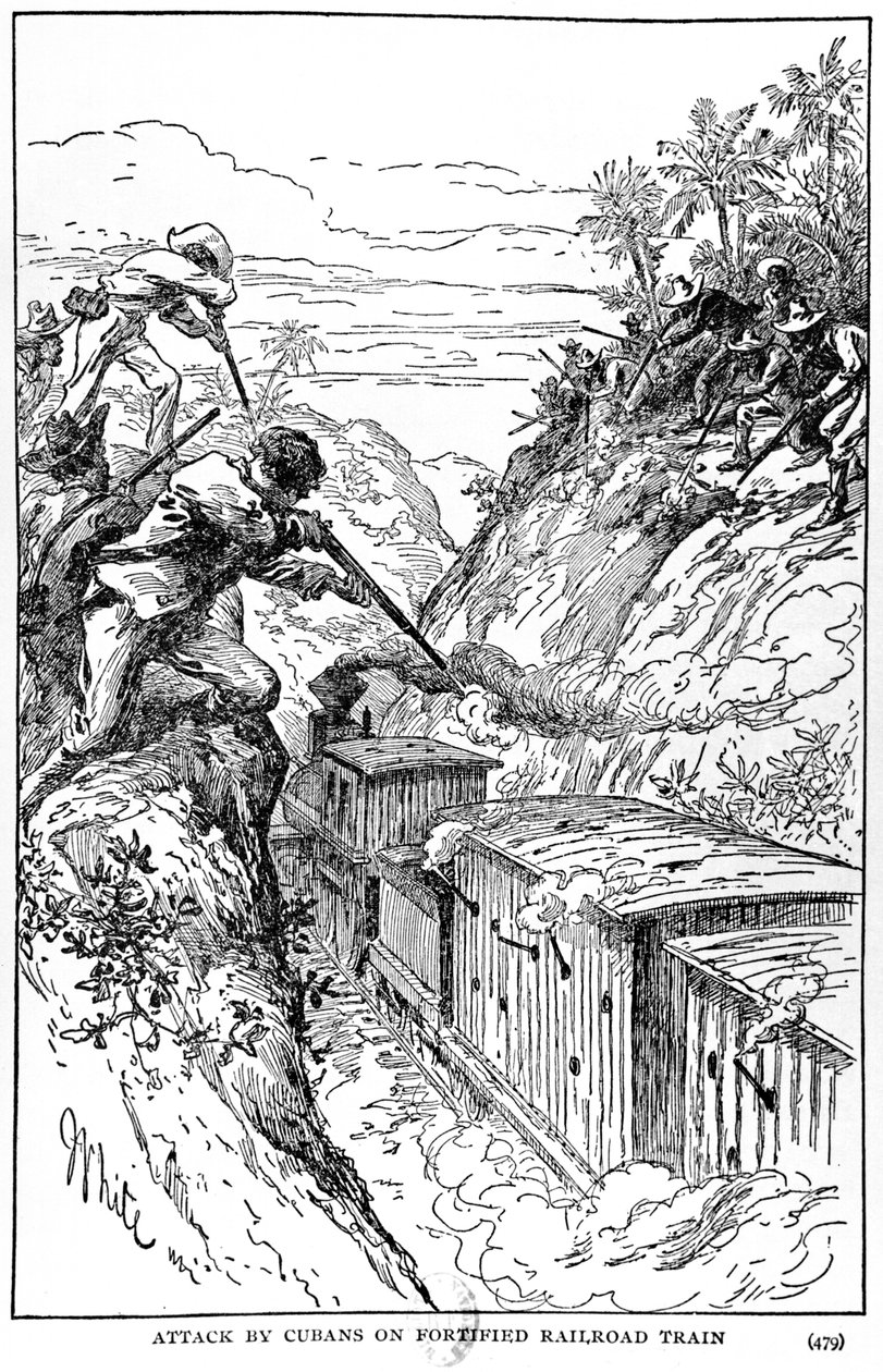 Atak Kubańczyków na ufortyfikowany pociąg kolejowy, ilustracja z Historii Kuby Murata Halsteada, wydanej w 1898 r. autorstwa American School