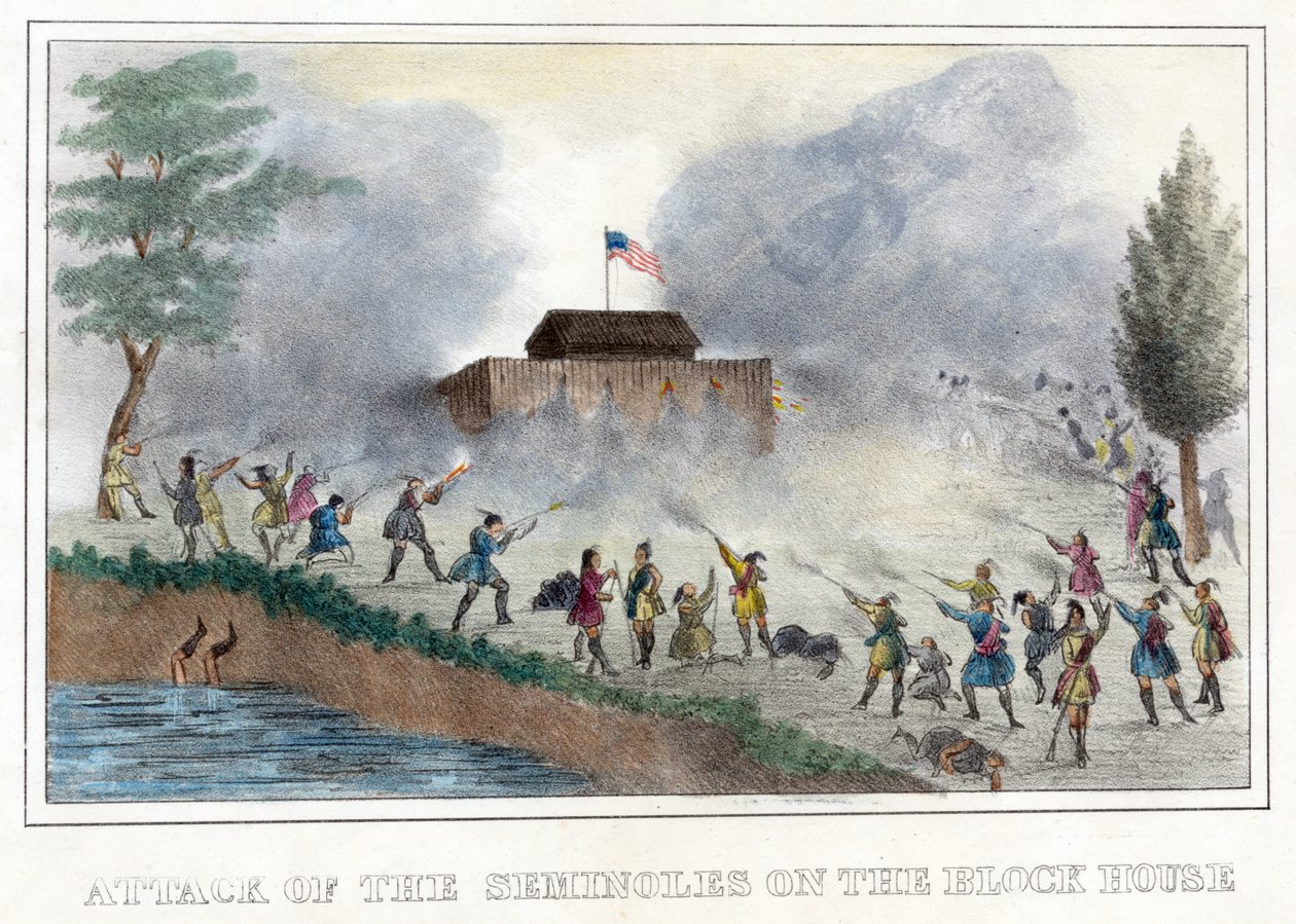 Atak Seminoli na blok, wyd. 1836 (grawerowanie ręcznie kolorowane) autorstwa American School