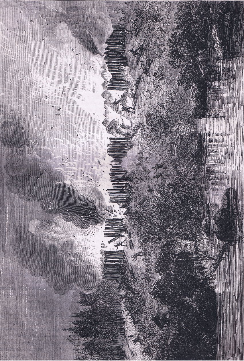 Atak na fort Pequot, ilustracja z pubu Cassell