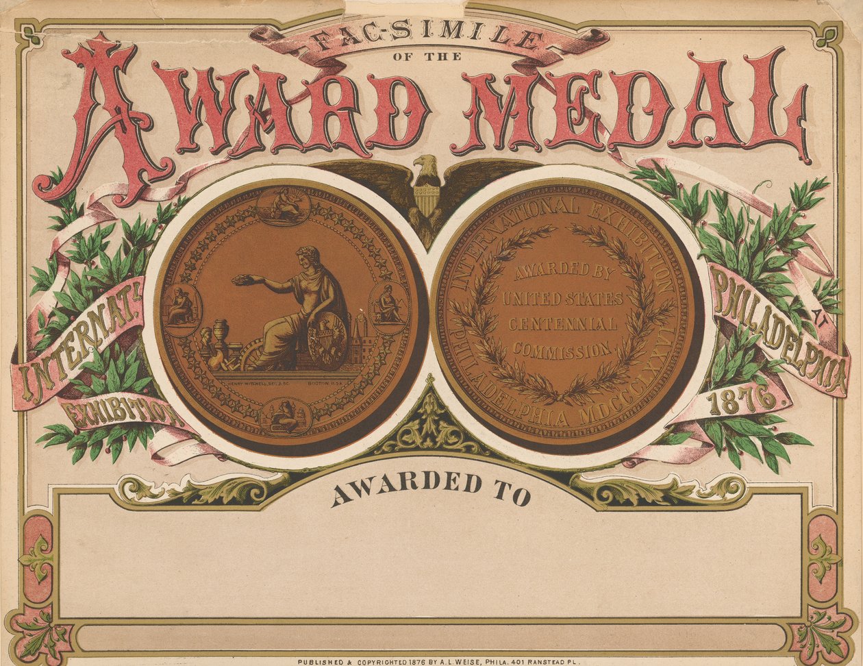 „Medal nagrody”, Album z wystawą stulecia, 1876 autorstwa American School