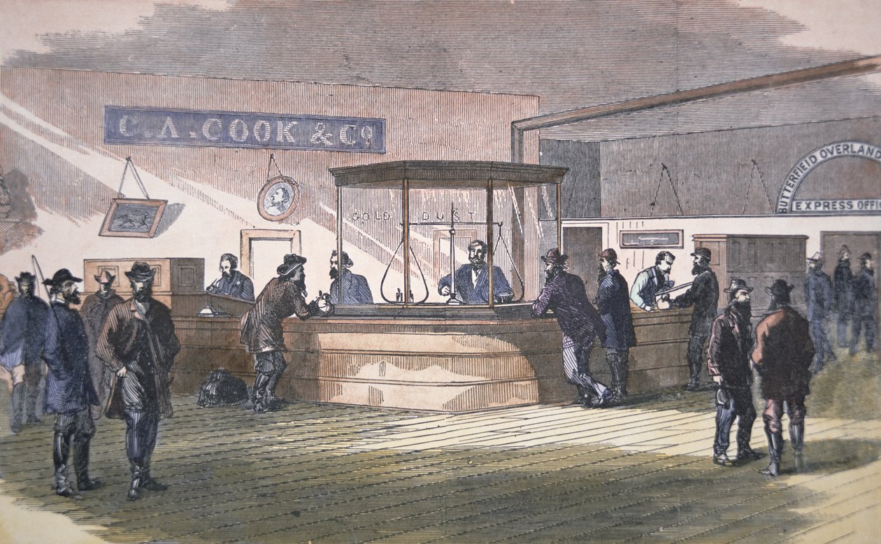 Bank w San Francisco, ok.1860 (kolorowy grawerunek) autorstwa American School