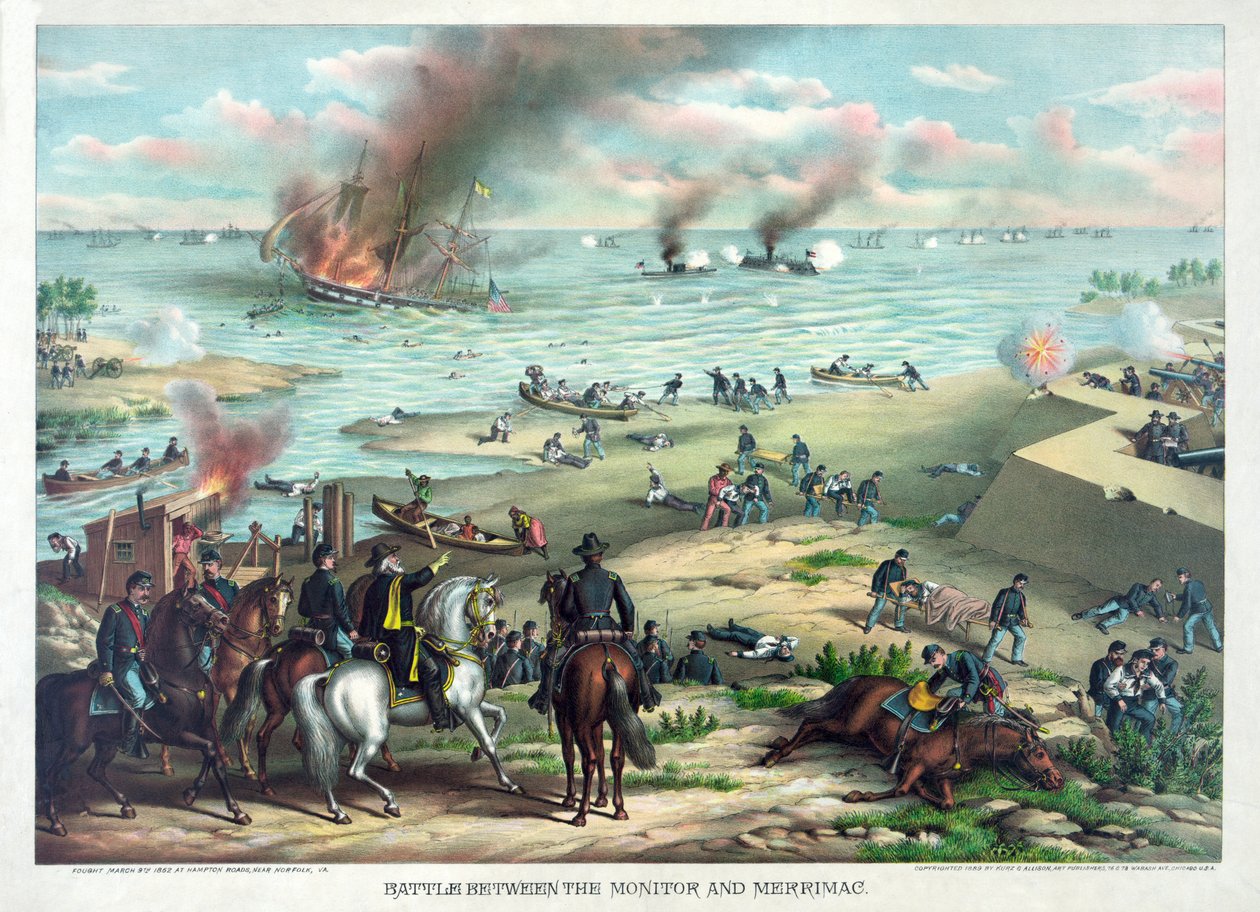 Bitwa pomiędzy okrętami Monitor i Merrimac, 9 marca 1862 na Hampton Roads, niedaleko Norfolk, Virginia, pub. Kurz & Allison, ok. 1889 r. autorstwa American School