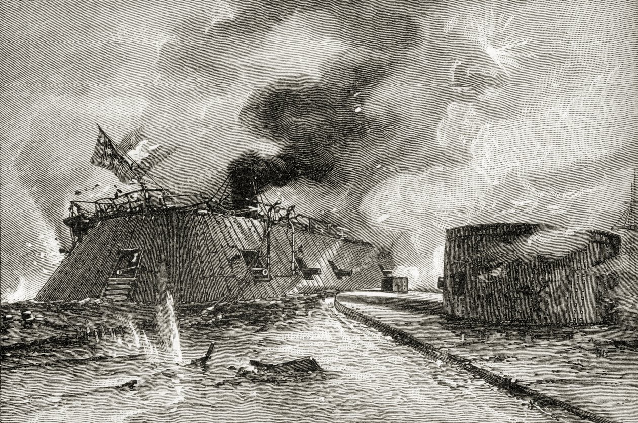 Bitwa między Monitorem i Merrimac w 1862 r., z „Krótkiej historii Stanów Zjednoczonych”, opublikowanej przez AS Barnes und Co. w 1885 r. autorstwa American School