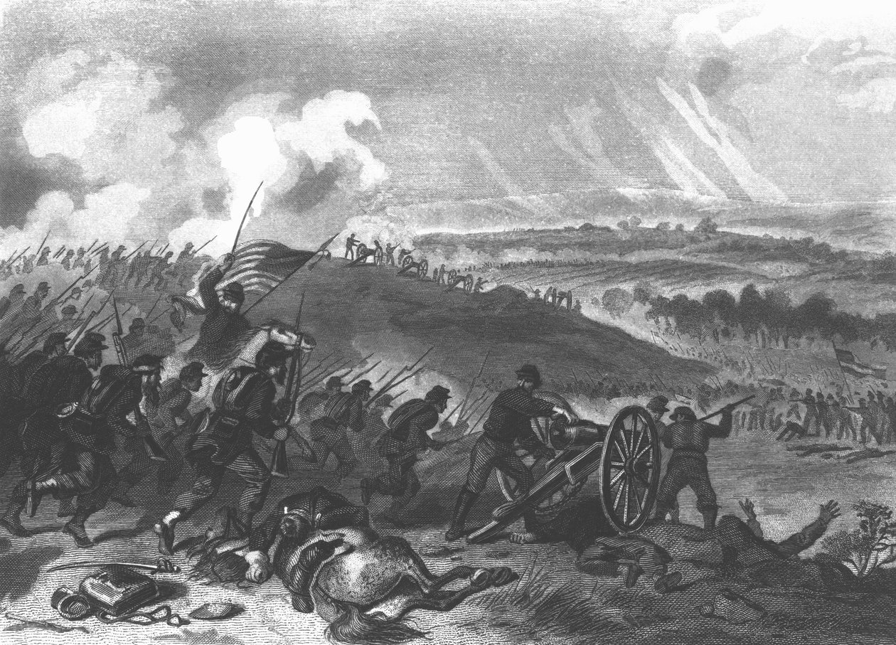 Bitwa pod Gettysburgiem - Końcowa szarża sił Unii na Wzgórze Cmentarne, 1863 pub. 1865 autorstwa American School