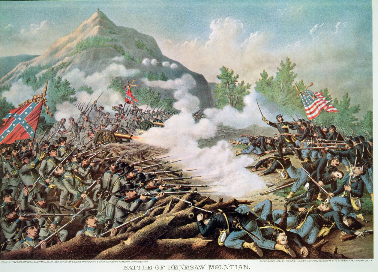 Bitwa pod Kenesaw Mountain, Georgia, 27 czerwca 1864, grawerowana przez Kurza i Allison autorstwa American School