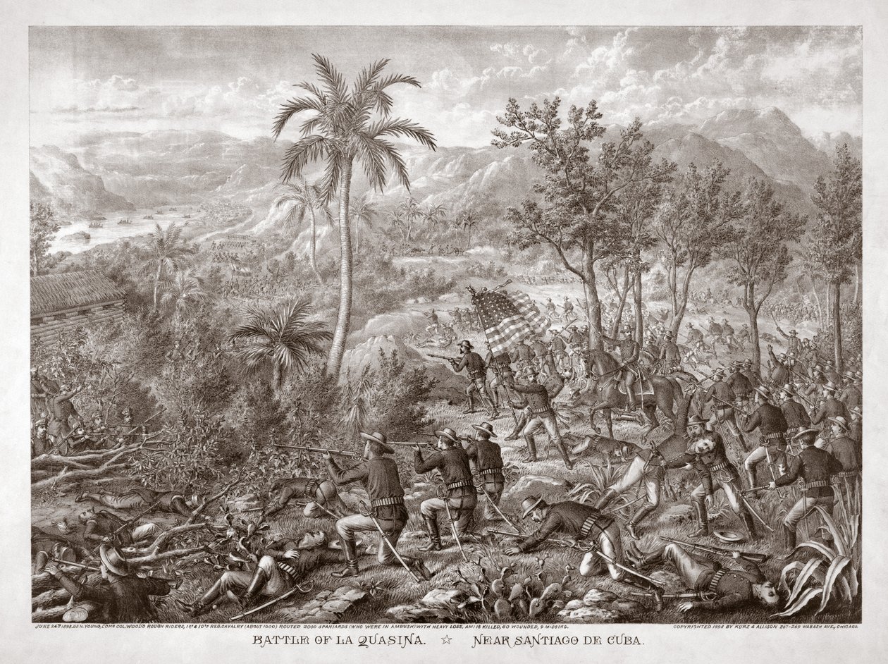 Bitwa pod La Quasina, niedaleko Santiago de Cuba, wyd. 1898 (rycina) autorstwa American School