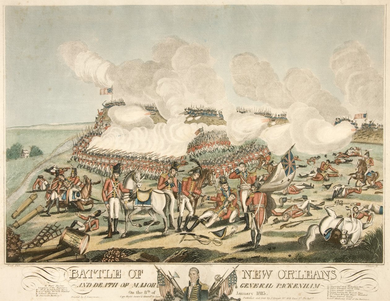 Bitwa o Nowy Orlean i śmierć generała majora Packenhama 8 stycznia 1815, wyd. 1815 (kolorowy grawerunek) autorstwa American School