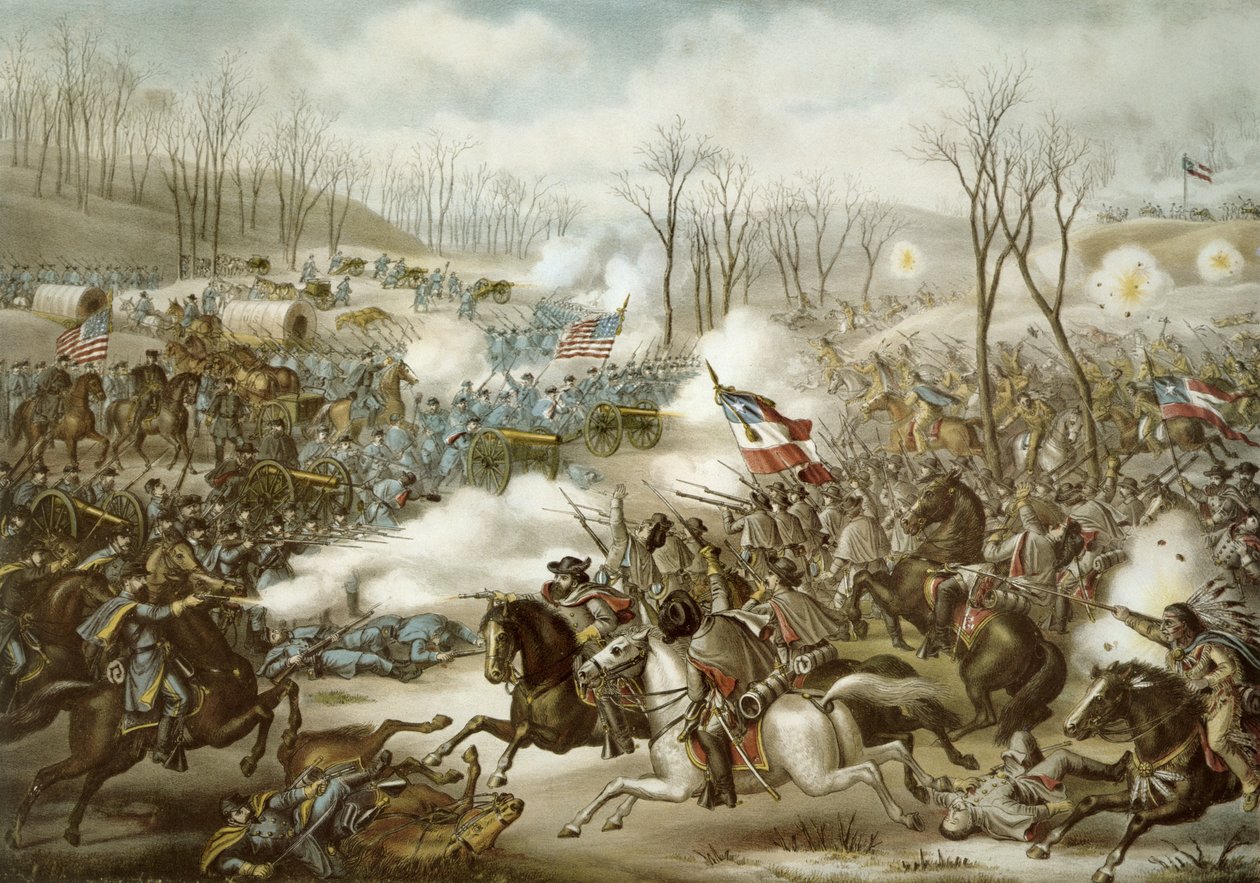 Bitwa pod Pea Ridge, Arkansas, 6-8 marca, grawerowane przez Kurz & Allison (kolor lito) autorstwa American School