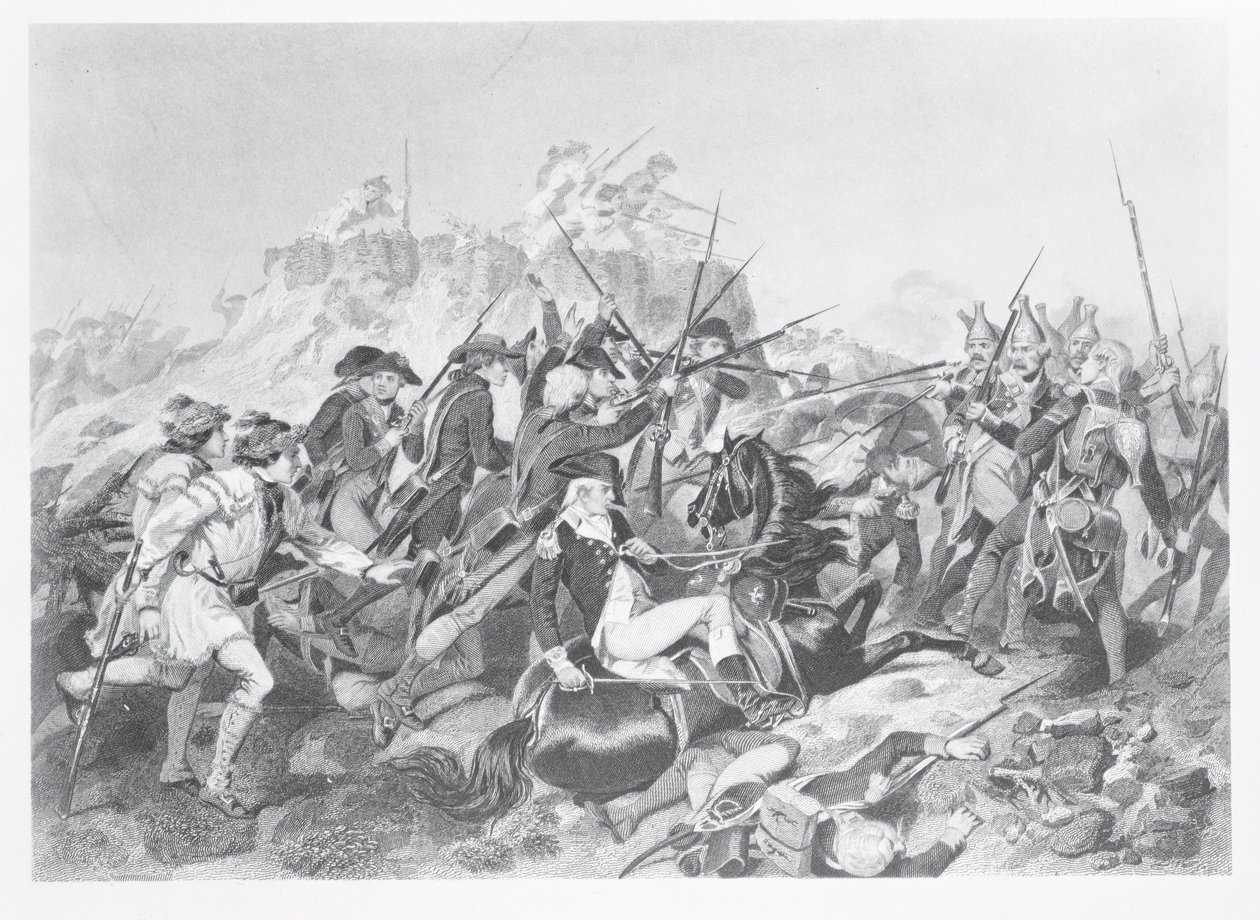 Saratogos mūšis – generolas Arnoldas buvo sužeistas per Heseno reduto puolimą, 1777 m. spalio 17 d. autorstwa American School