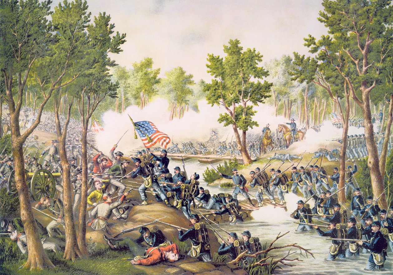 Bitwa pod Spottsylvania, maj 1864, grawerowana przez Kurza i Allison autorstwa American School