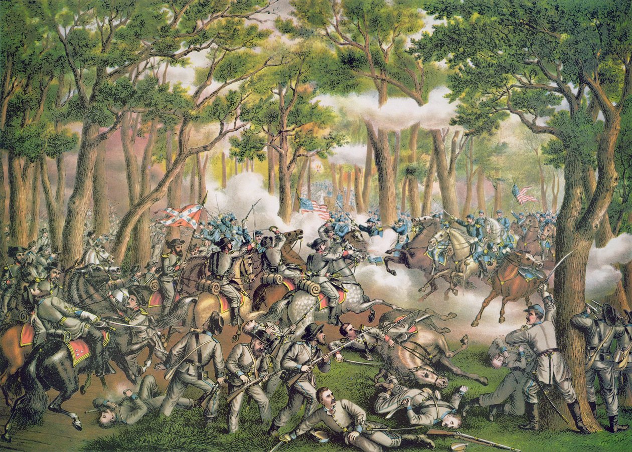 Bitwa pod Wilderness, maj 1864 r., grafika Kurz & Allison autorstwa American School