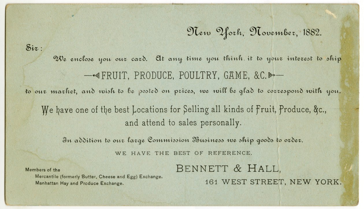 Karta handlowa Bennett & Hall [verso], 1882 (litografia grawerowana [karta handlowa]) autorstwa American School