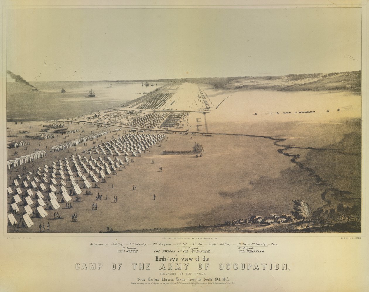 Widok z lotu ptaka na Obóz Armii Okupacyjnej, wydrukowany przez G & W Endicott, Nowy Jork, 1847 autorstwa American School