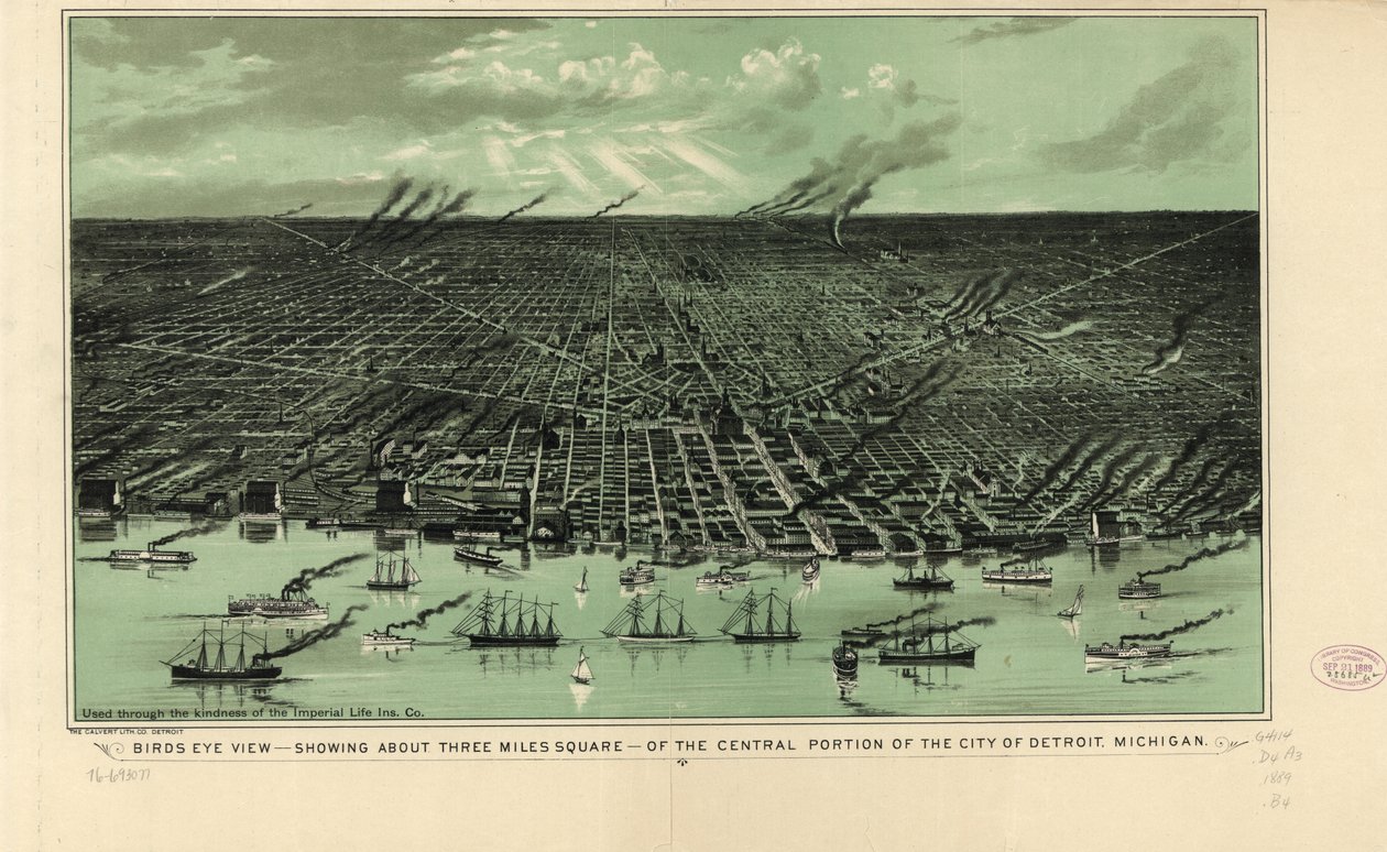 Widok z lotu ptaka — około trzech mil kwadratowych — centralnej części miasta Detroit w stanie Michigan, ok. 1889 r. (lito) autorstwa American School