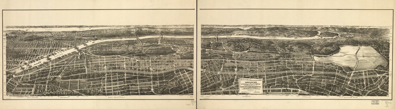 Widok z lotu ptaka na tę część 23. i 24. dzielnic miasta Nowy Jork, leżącą na zachód od New York and Harlem Railroad oraz Grand Boulevard and Concourse, łączącej wyspę Manhattan z systemem parkowym na północ od rzeki Harlem autorstwa American School