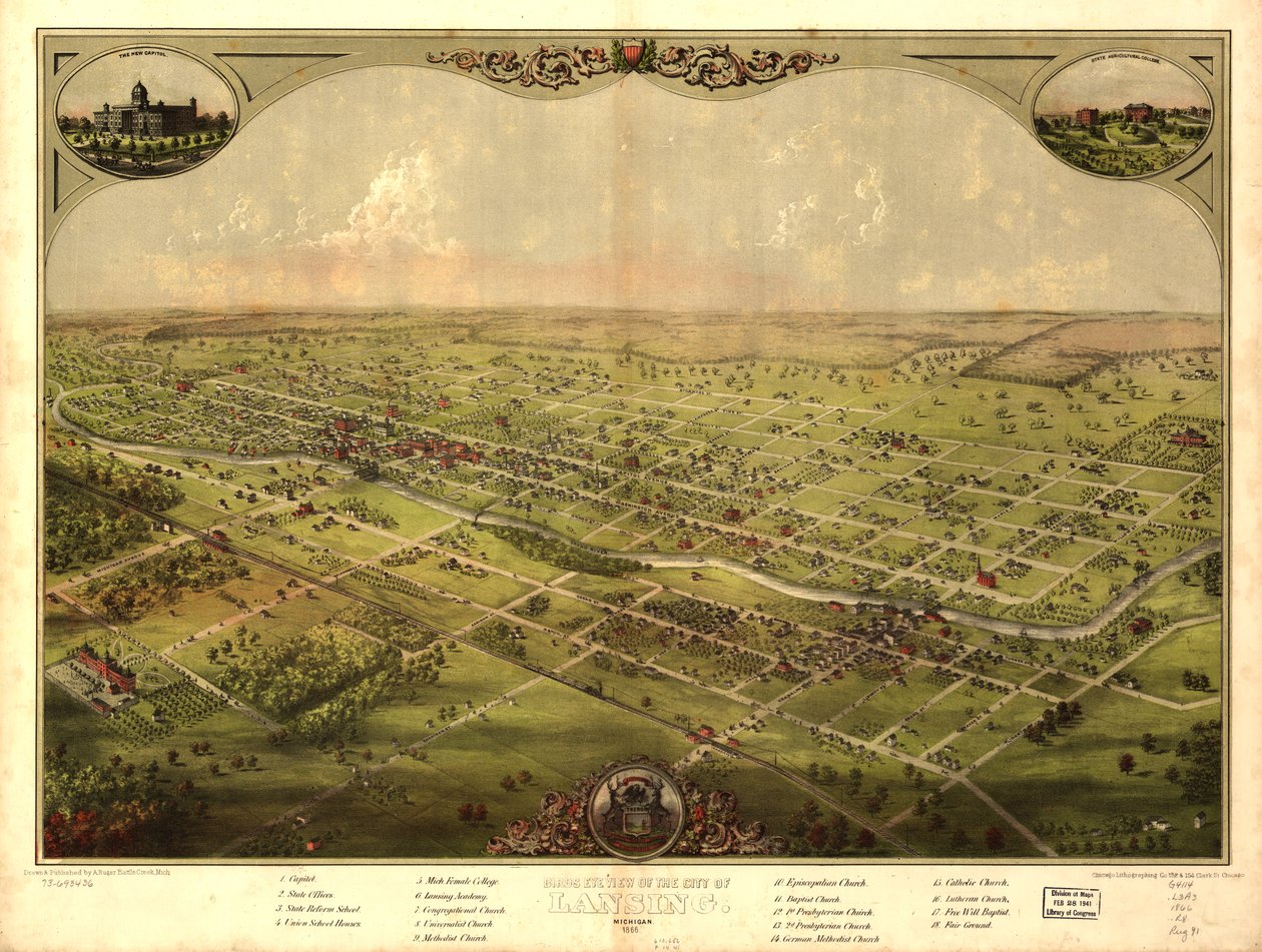 Widok z lotu ptaka na miasto Lansing, Michigan 1866 (kolor lito) autorstwa American School