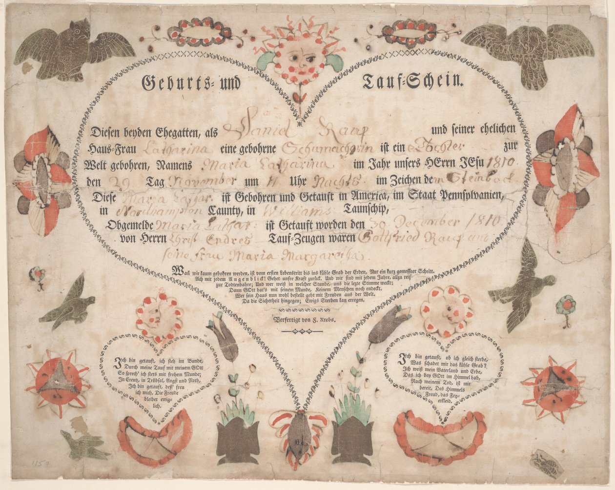 Akt urodzenia i chrztu (Geburts und Taufschein) dla Marii Cathariny Raup c.1806 (pióro i atrament z akwarelą na papierze) autorstwa American School