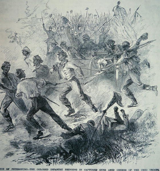 Czarne oddziały Armii Unii przywożą zdobyte działa podczas oblężenia Petersburga (1864-65) (lito) autorstwa American School