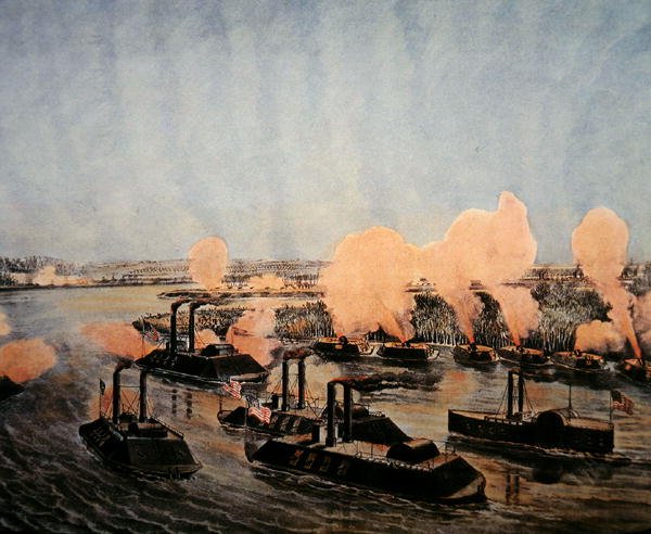 Bombardowanie i przechwycenie wyspy „Numer 10” na rzece Missisipi, 7 kwietnia 1862 r., wydane przez Currier & Ives (kolor litho) autorstwa American School