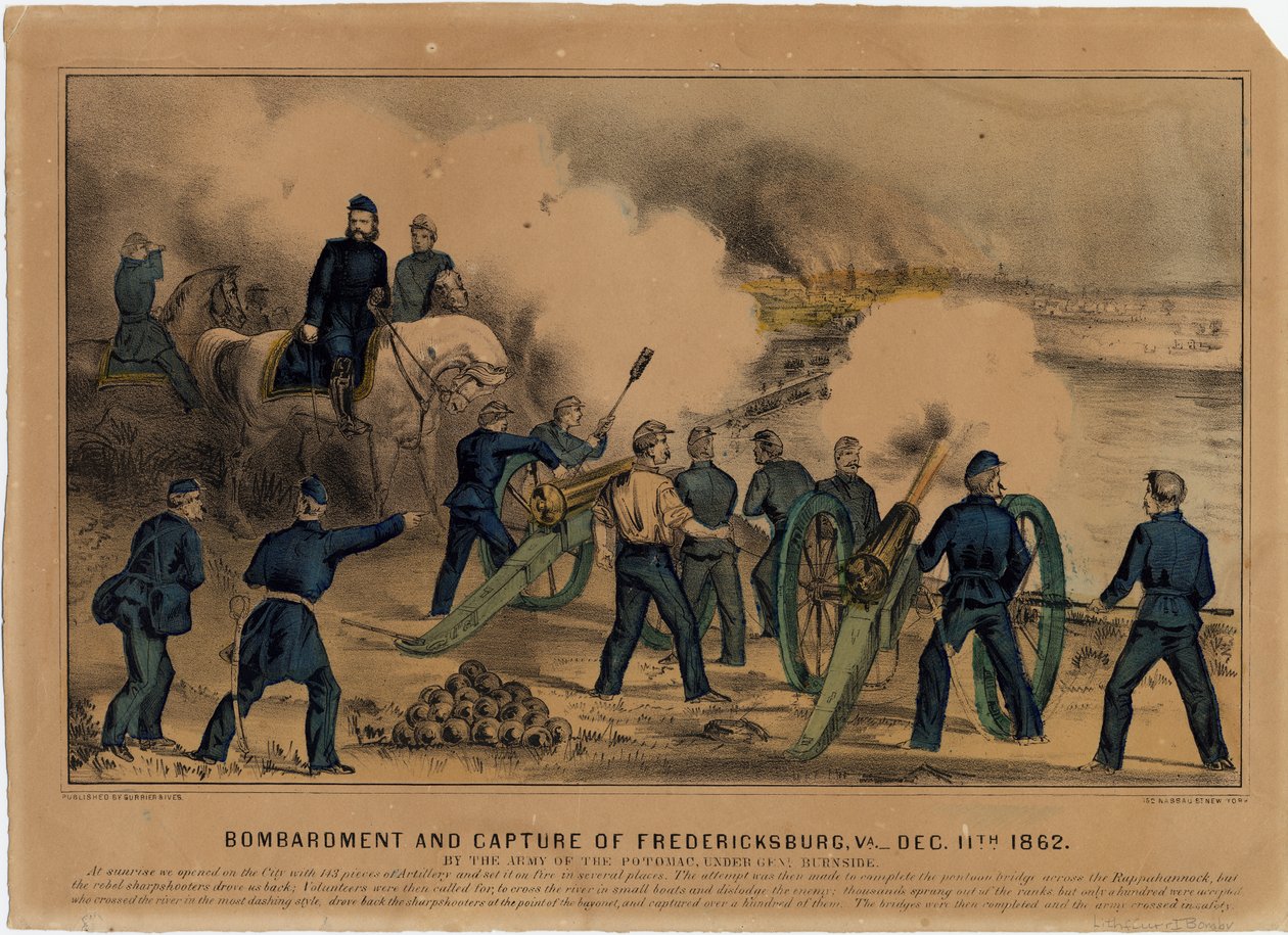 Bombardowanie i zdobycie Fredericksburga, ur. 11 grudnia 1862, wyd. przez Currier i Ives, c.1862 autorstwa American School