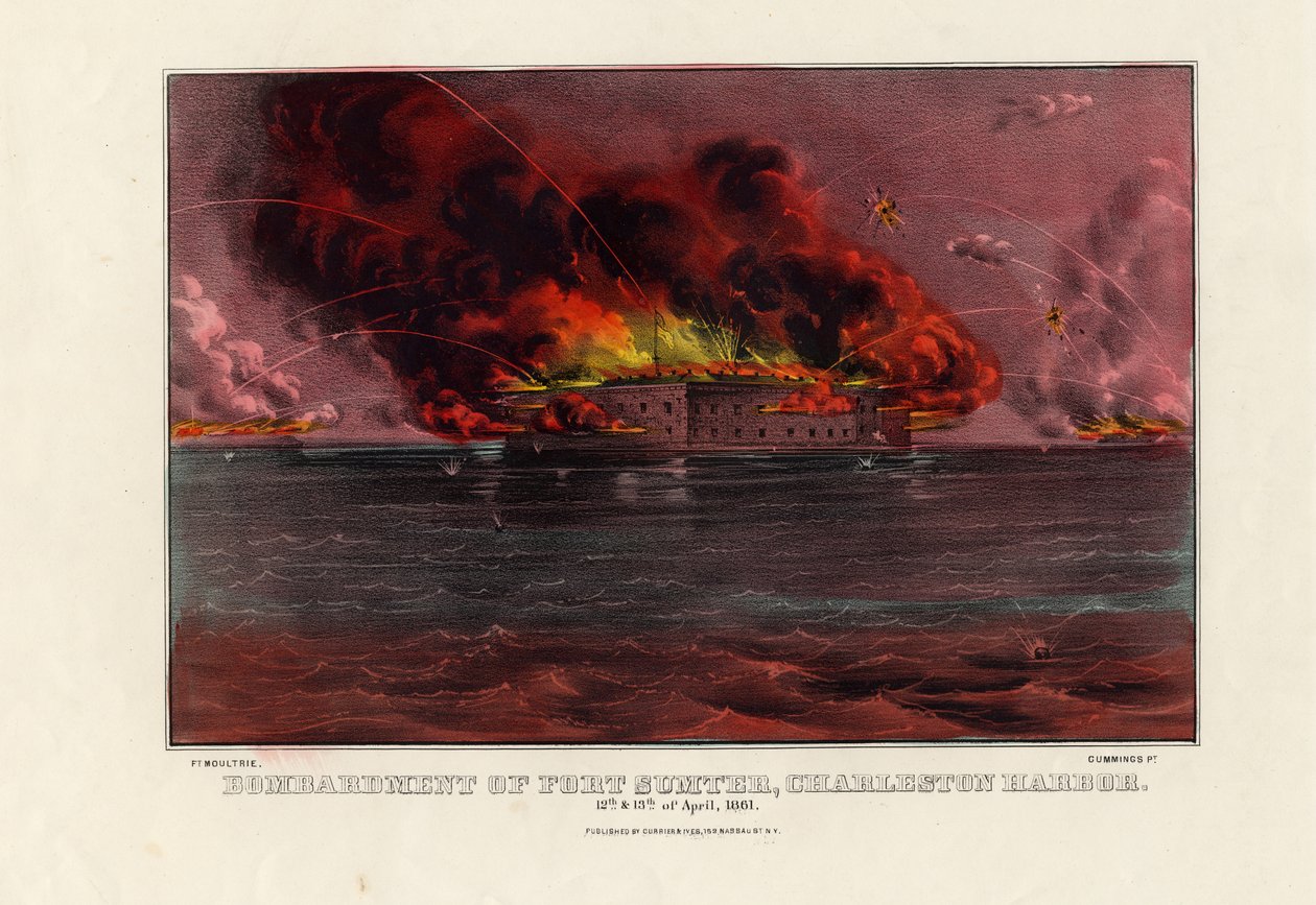 Bombardowanie Fort Sumter, Port Charleston, 12 i 13 kwietnia 1861, wyd. przez Currier i Ives, c.1861 autorstwa American School