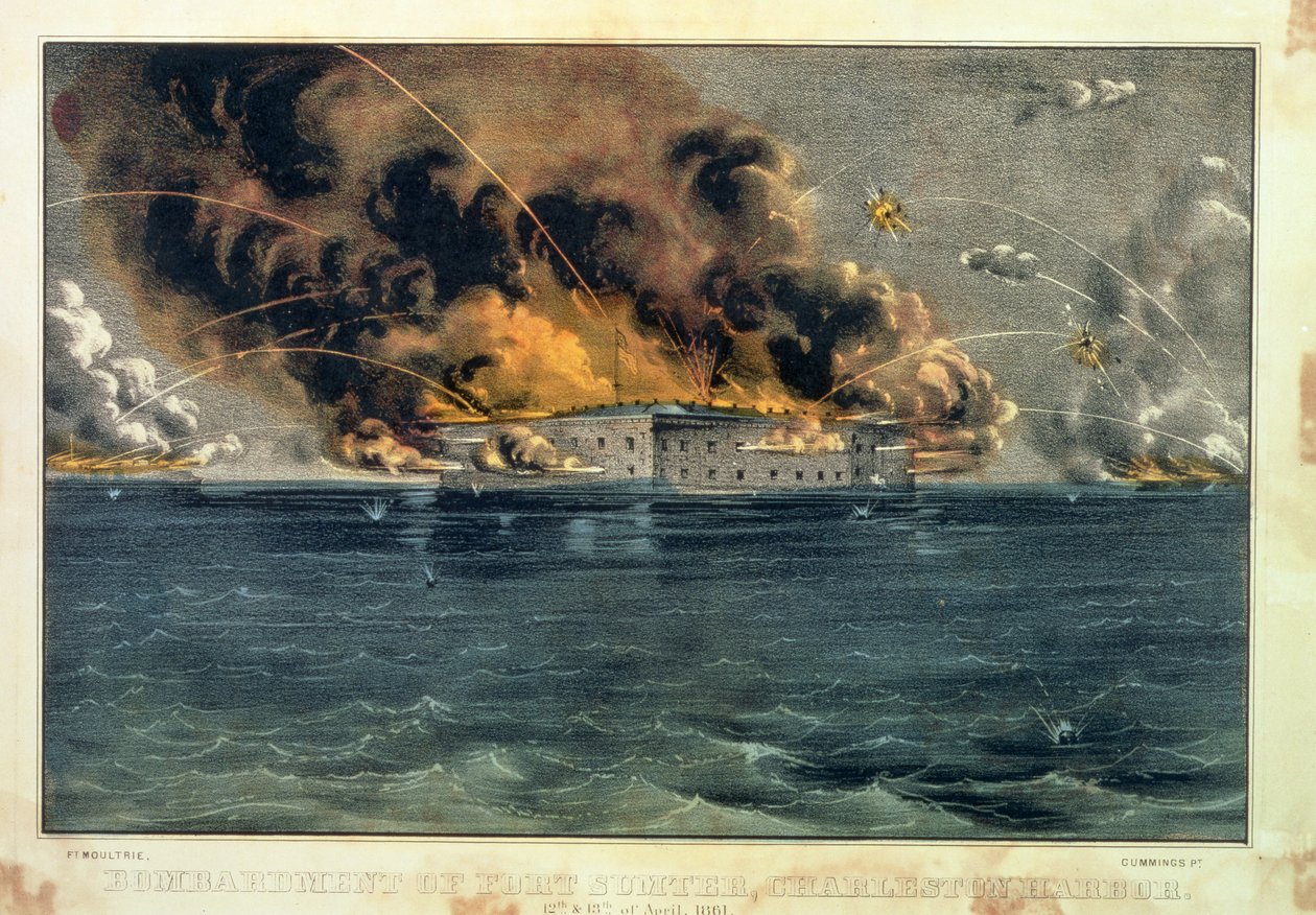 Bombardowanie Fort Sumter, Port Charleston, 12 i 13 kwietnia 1861, wyd. przez Currier und Ives autorstwa American School