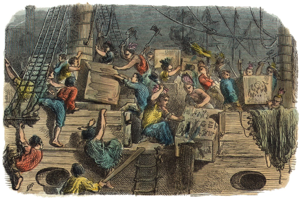 Boston Tea Party, ok. 1860 (ręcznie barwiony grawerunek) autorstwa American School