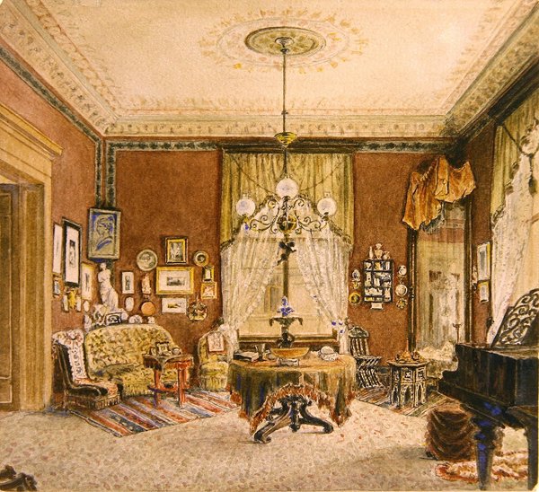 Wnętrze salonu bostońskiego, ok.1890 (akwarela na papierze) autorstwa American School