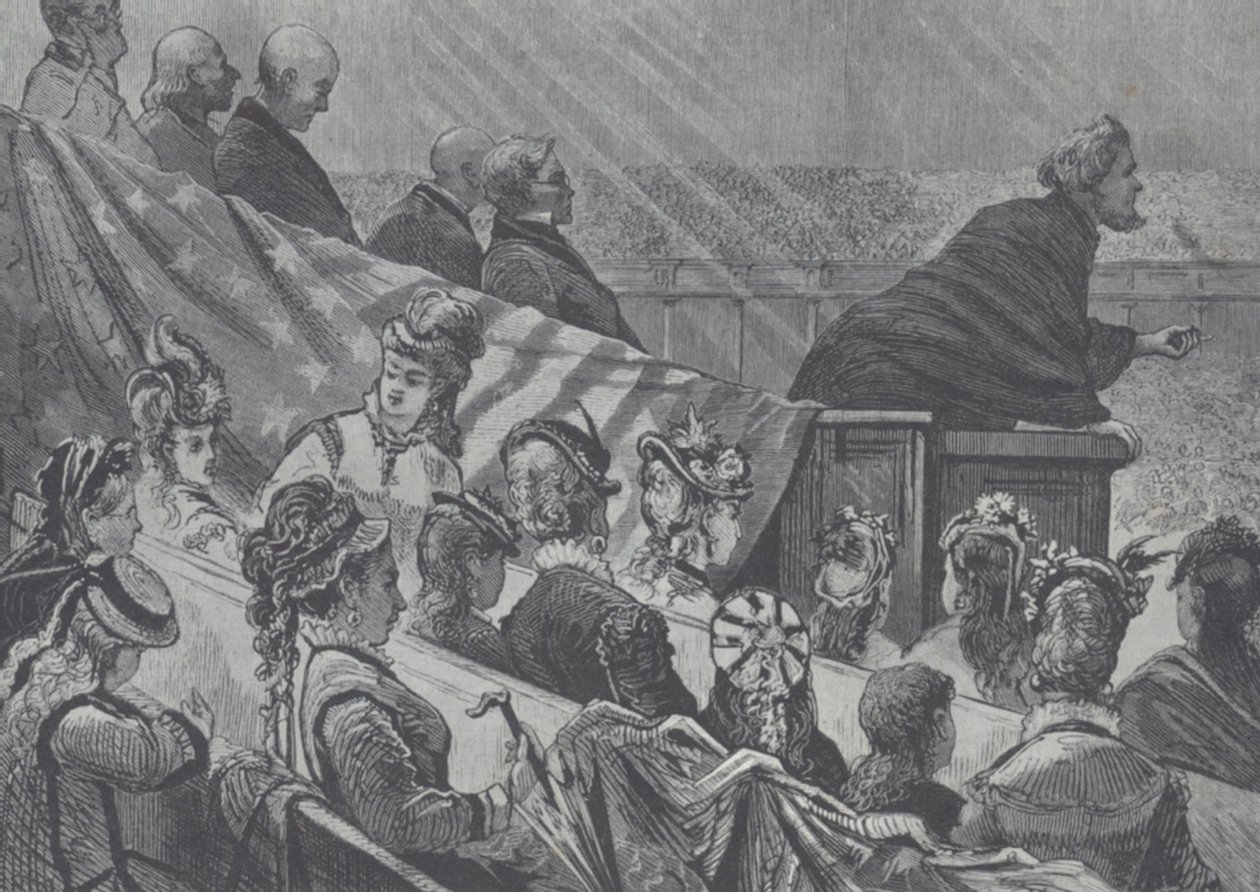 Brigham Young obserwowany przez wiele młodych żon, gdy głosił w Wielkim Przybytku Mormonów w stanie Utah autorstwa American School
