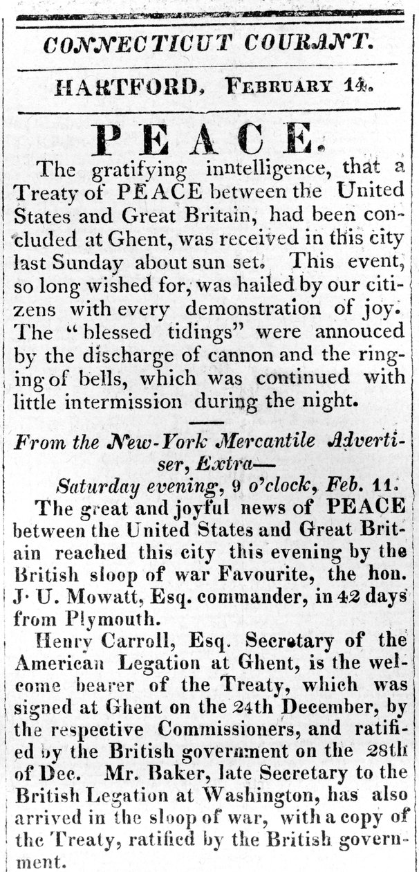 Broadside ogłaszający pokój między USA a Wielką Brytanią po wojnie 1812, wydrukowany w Connecticut Courant, 1815 (druk) autorstwa American School