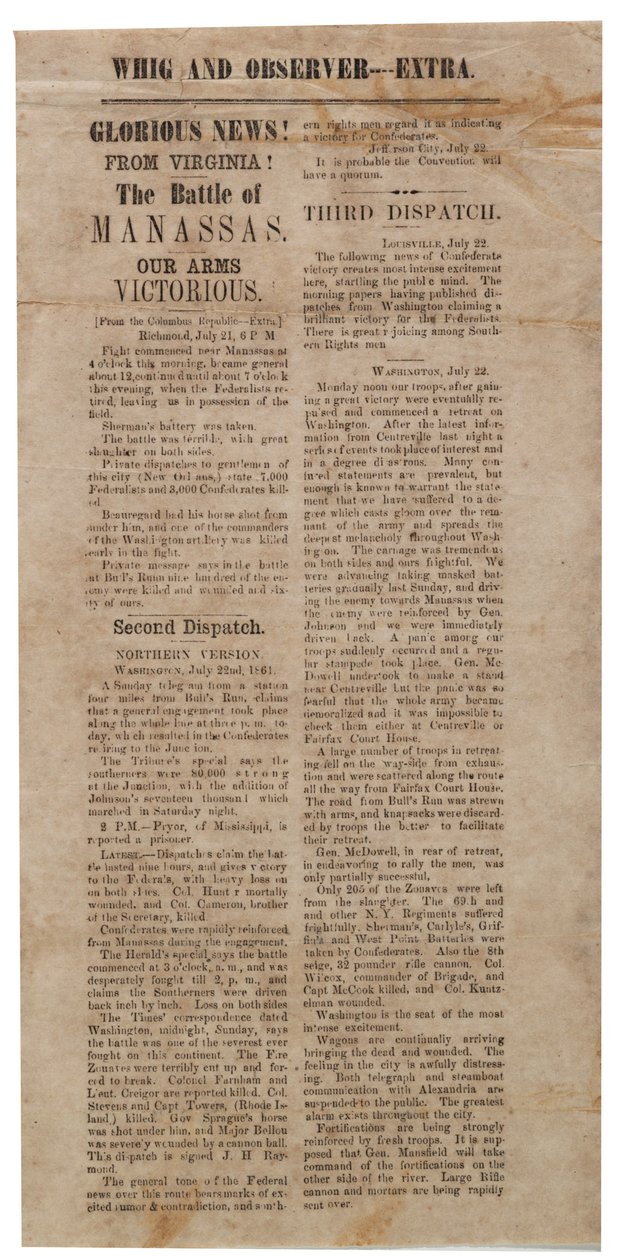 Broadside ogłaszający pierwszą bitwę pod Manassas, Whig i Observer Extra, po 22 lipca 1861 autorstwa American School