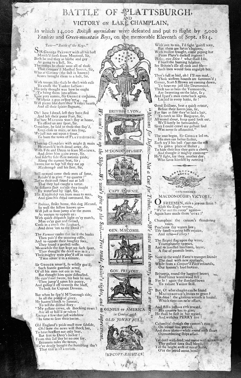 Broadside z wojny 1812, m.in. Bitwa pod Plattsburgh i Victory on Lake Champlain (druk) autorstwa American School