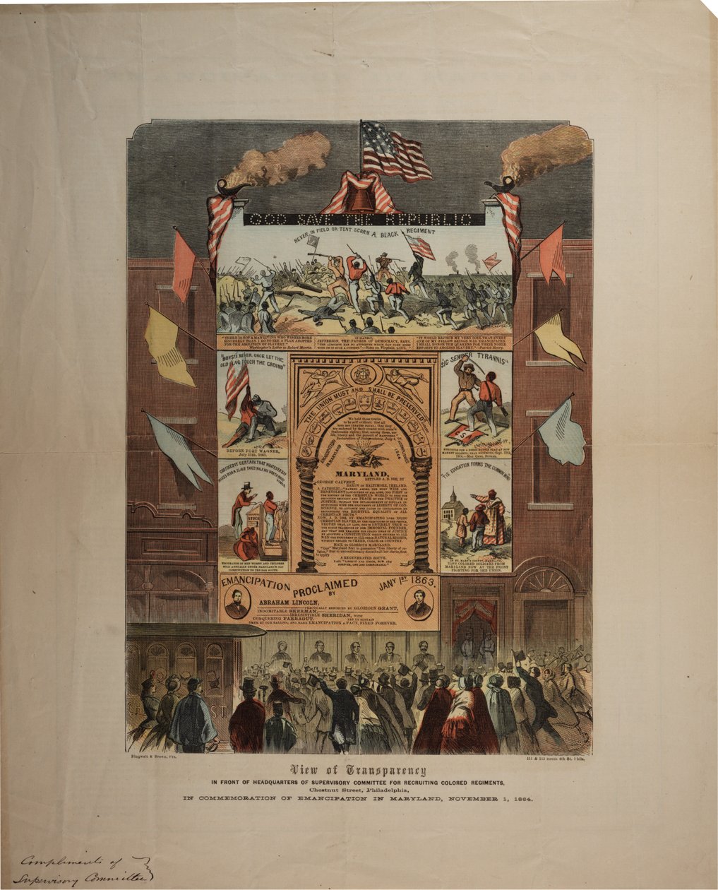 Broadside dotyczący rekrutacji Afroamerykanów i świętowania emancypacji w Maryland, Ringwalt & Brown (fl.1863-1865), ok. 1 listopada 1864 (patrz także GLC 696015, 696016 i 696017) autorstwa American School