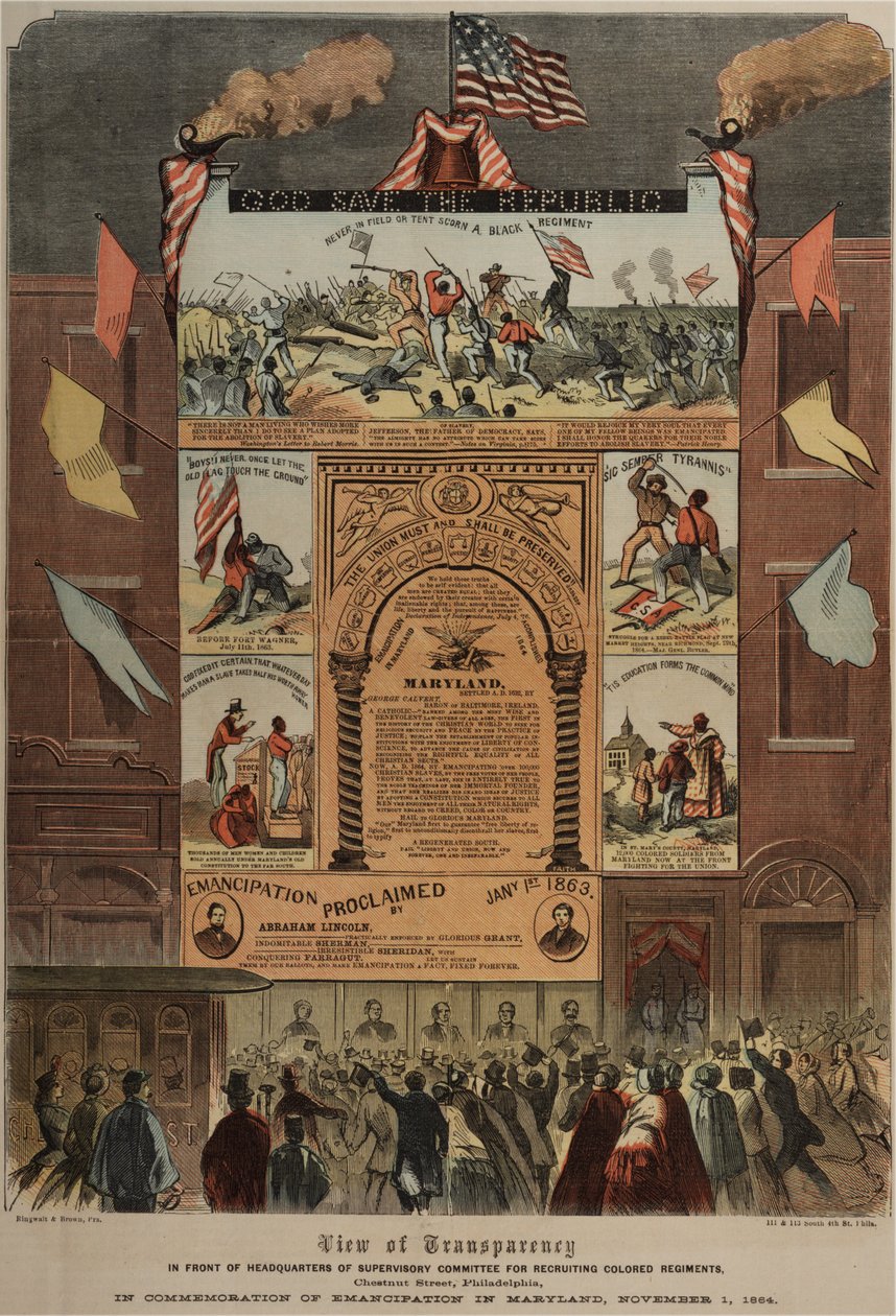 Broadside dotyczący rekrutacji Afroamerykanów i świętowania emancypacji w Maryland, Ringwalt & Brown (fl.1863-1865), ok. 1 listopada 1864 (patrz także GLC 696014, 696016 i 696017) autorstwa American School