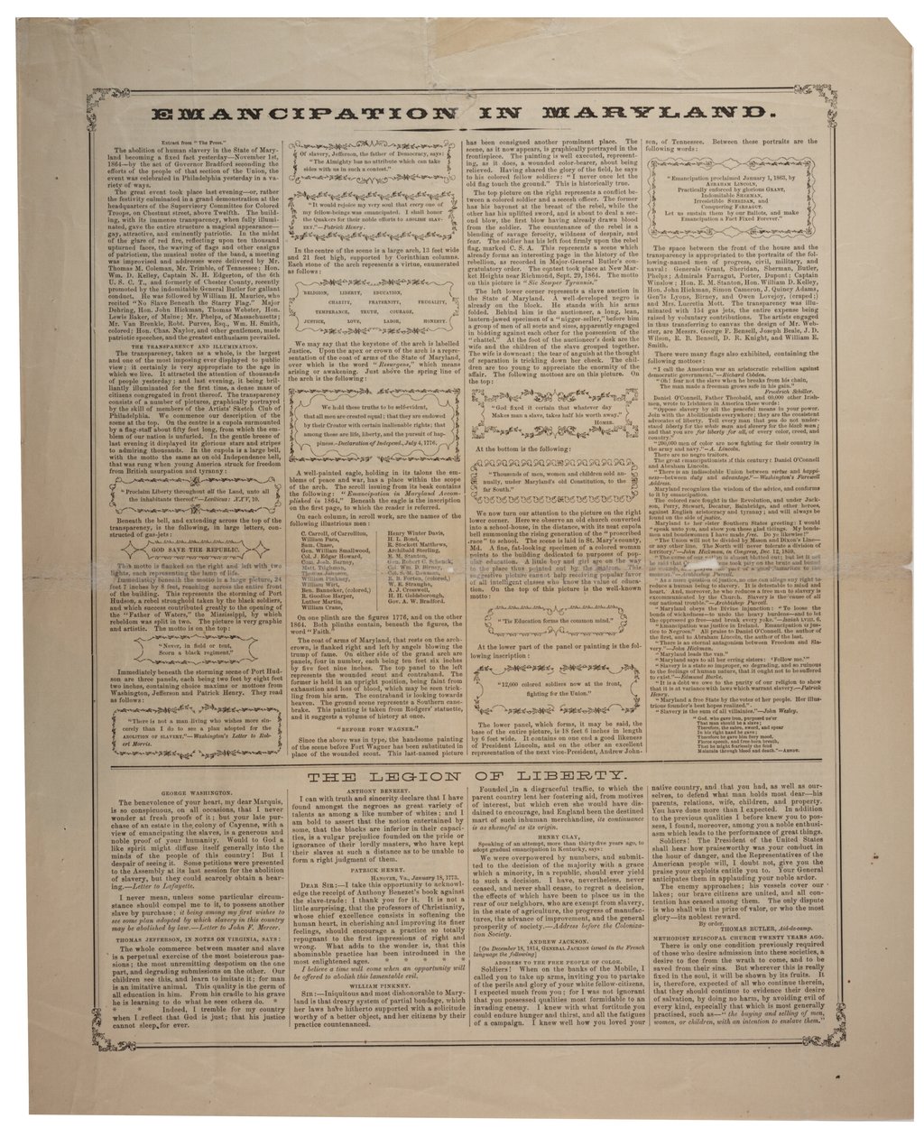 Broadside dotyczący rekrutacji Afroamerykanów i świętowania emancypacji w Maryland, Ringwalt & Brown (fl.1863-1865), ok. 1 listopada 1864 (patrz także GLC 696014, 696015 i 696017) autorstwa American School