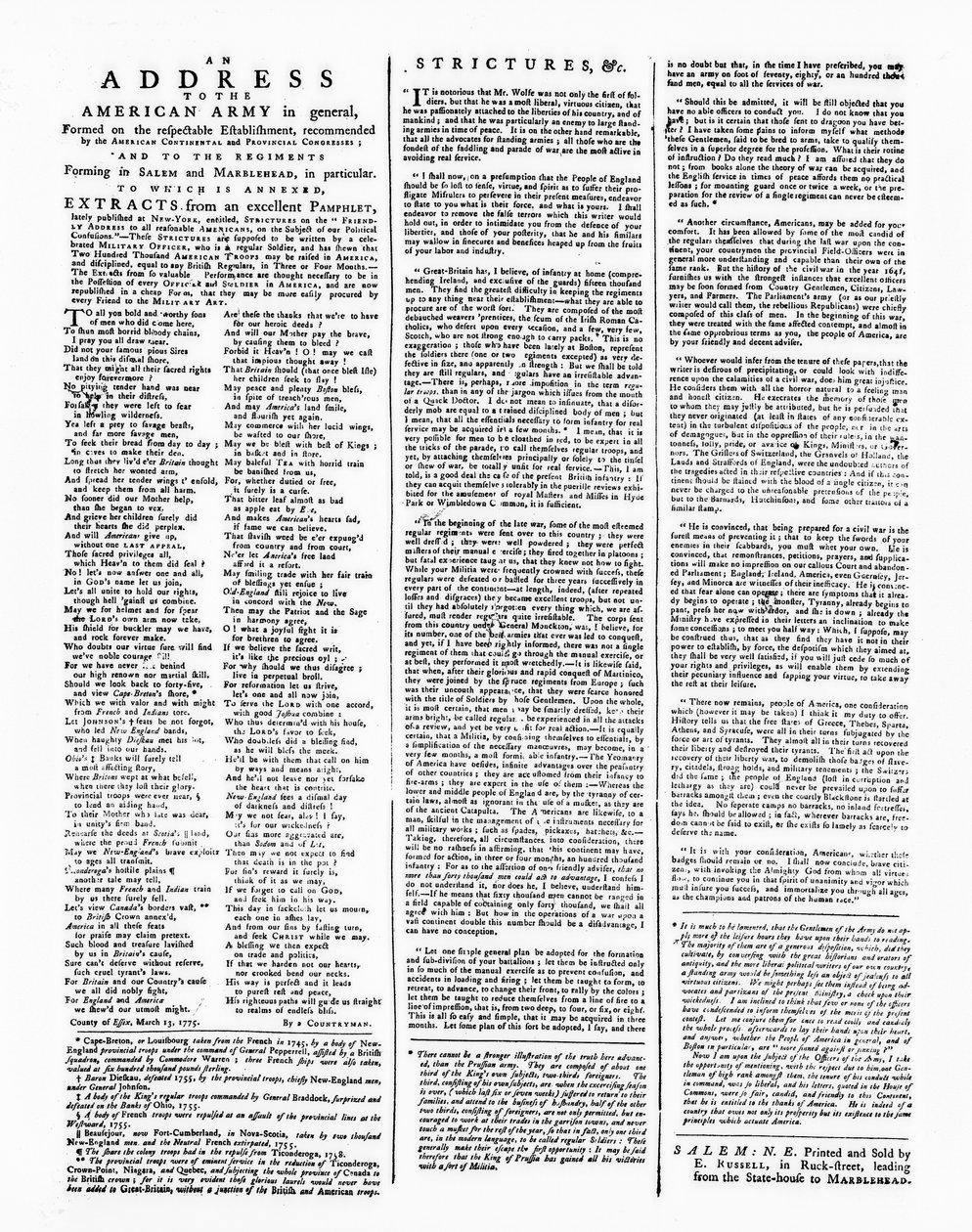 Broadside z adresem do armii amerykańskiej, Salem, 1775 (druk) autorstwa American School