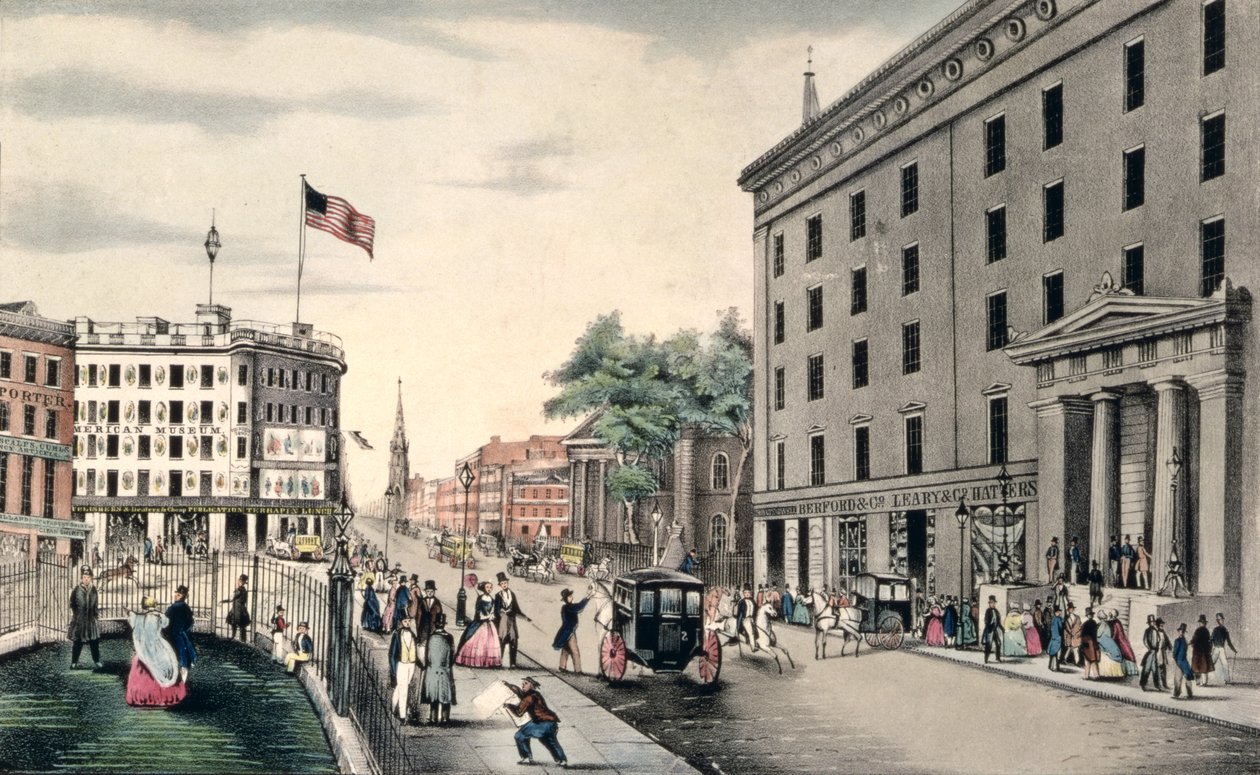 Broadway Nowy Jork, na południe od parku, grawerowany i pub. Nathaniela Curriera (1813-88), Nowy Jork, autorstwa American School