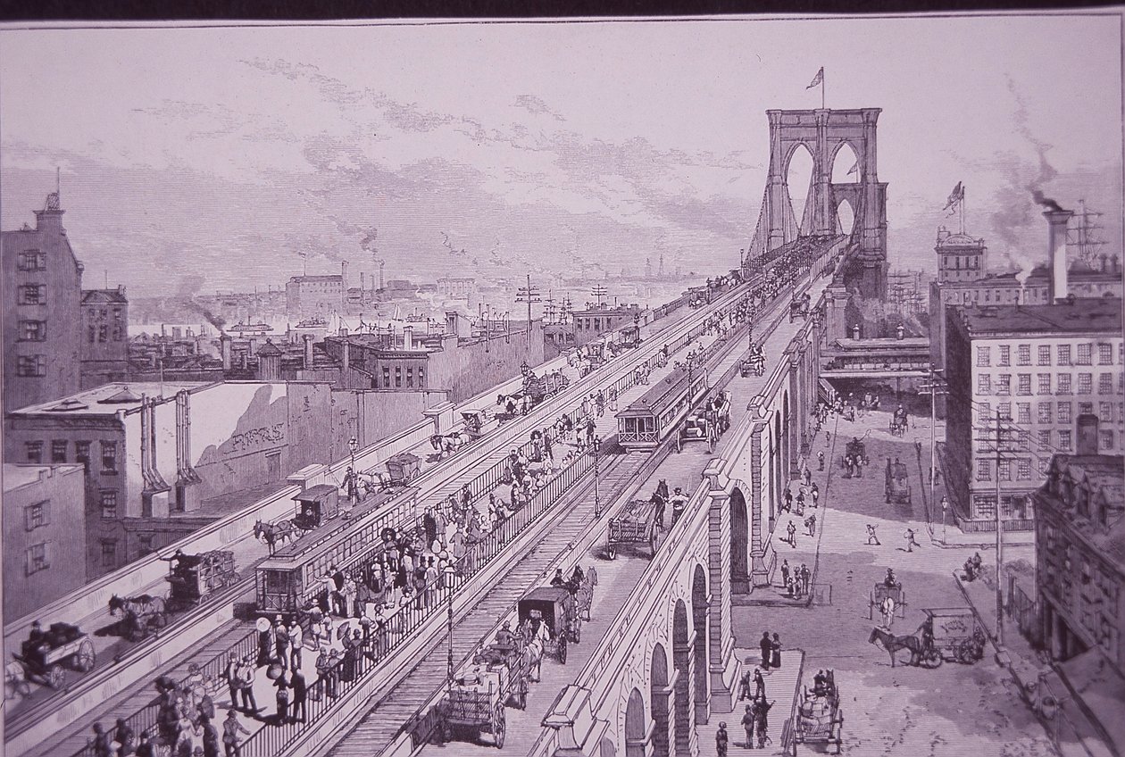 Brooklyn Bridge tuż po ceremonii otwarcia, opublikowany 26 maja 1883 (rycina) autorstwa American School