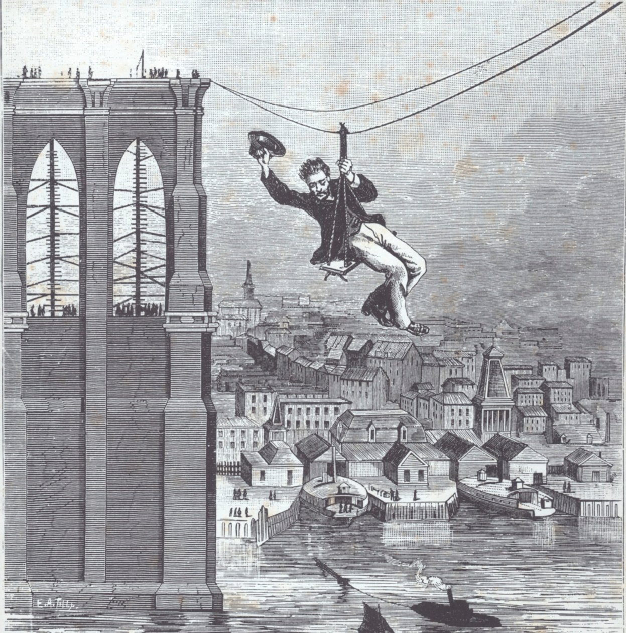 Most Brookliński w budowie; Pan Farrington, główny nadzorca budowy, jako pierwszy przekroczy przęsło między dwoma pylonami 25 sierpnia 1876 r. (Grawerowanie) autorstwa American School