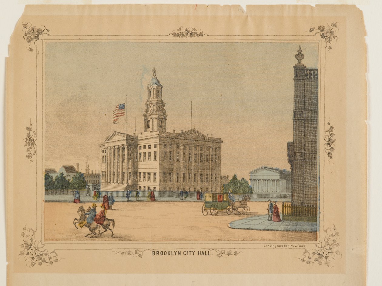 Brooklyn City Hall, wyd. Charles Magnus, Inc. (litosny, ręcznie malowany wc) autorstwa American School